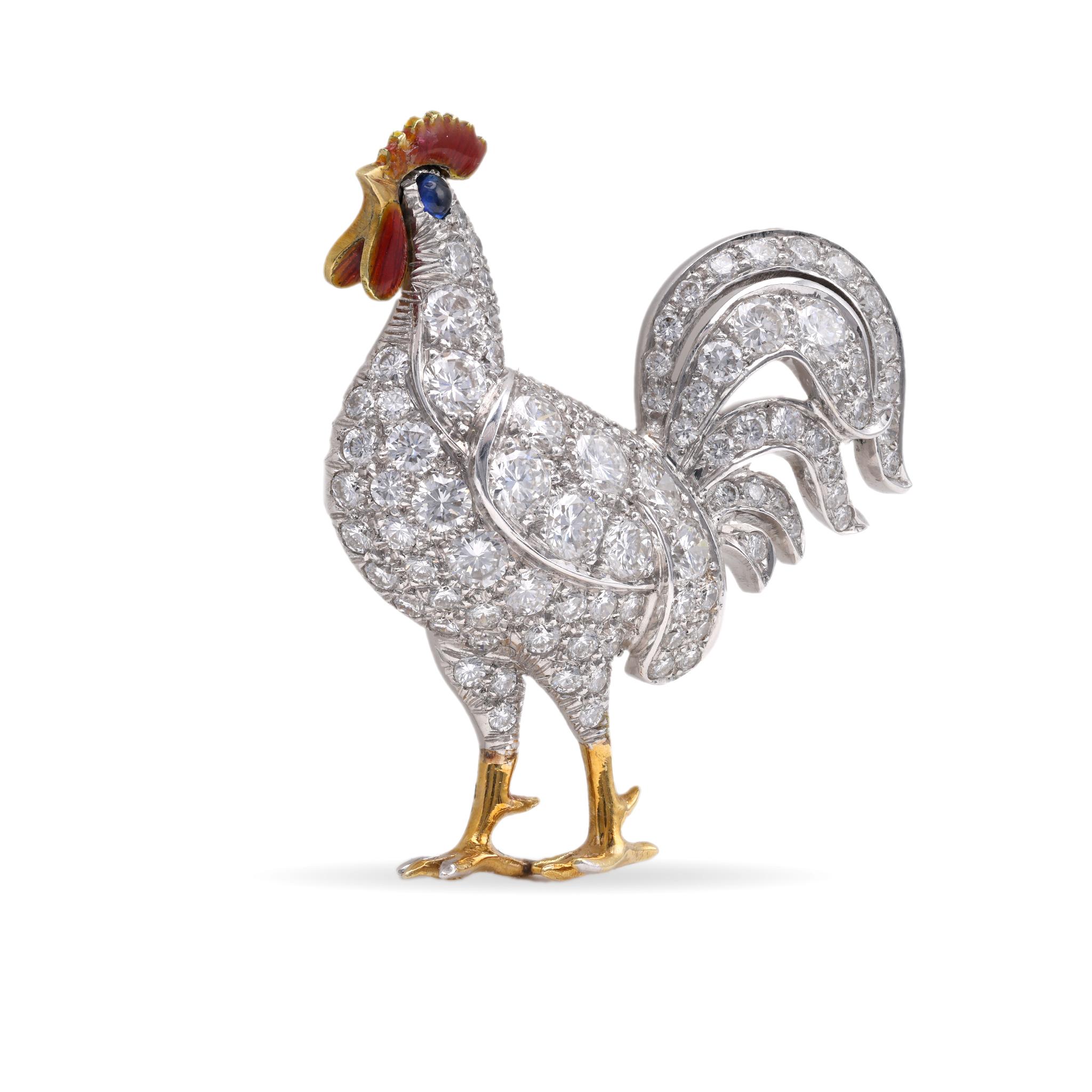 Brilliant Cut Mid-Century Diamond Sapphire 18k Gold Enamel Chicken Brooch For Sale