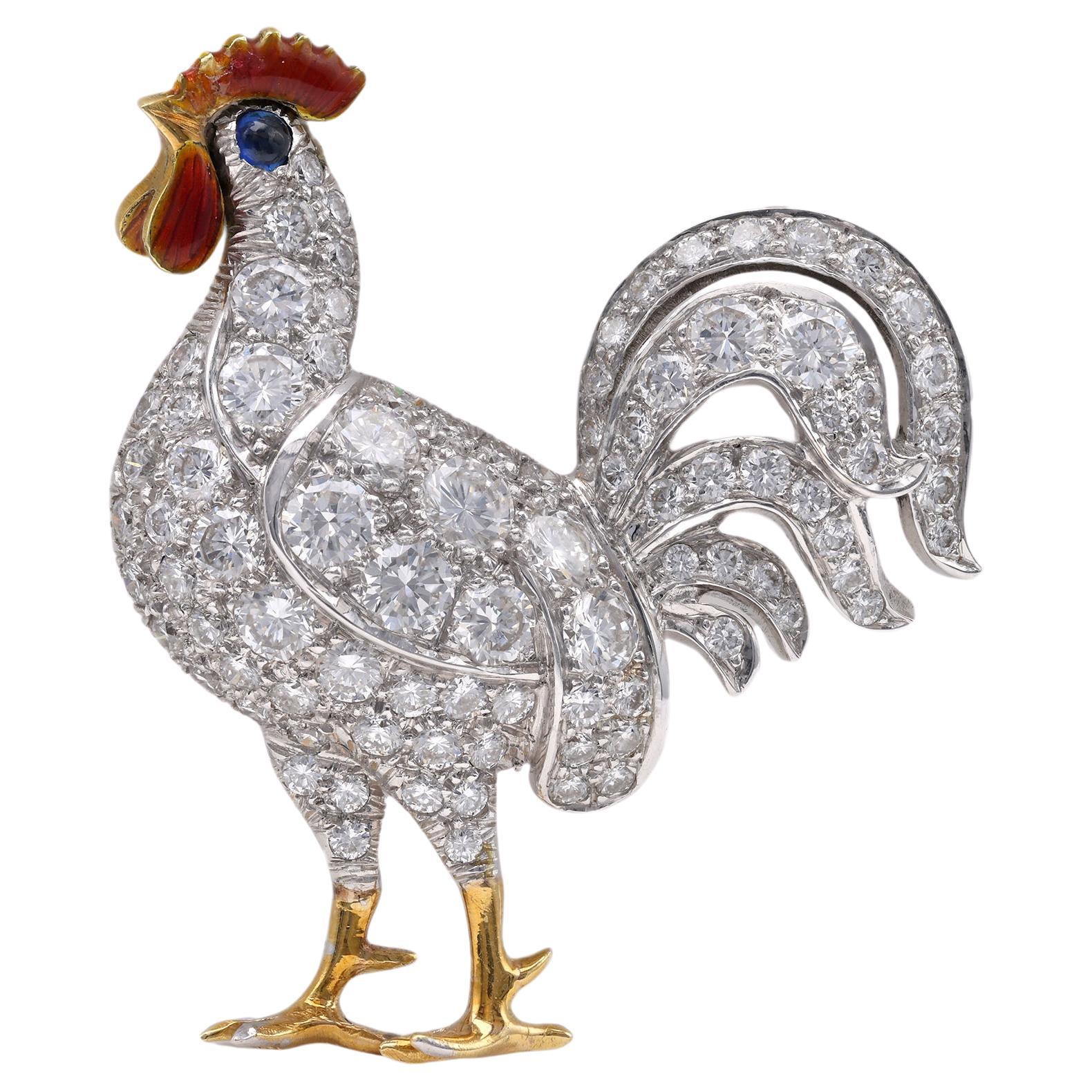 Mid-Century Diamond Sapphire 18k Gold Enamel Chicken Brooch For Sale