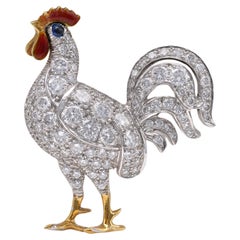 Mid-Century Diamond Sapphire 18k Gold Enamel Chicken Brooch
