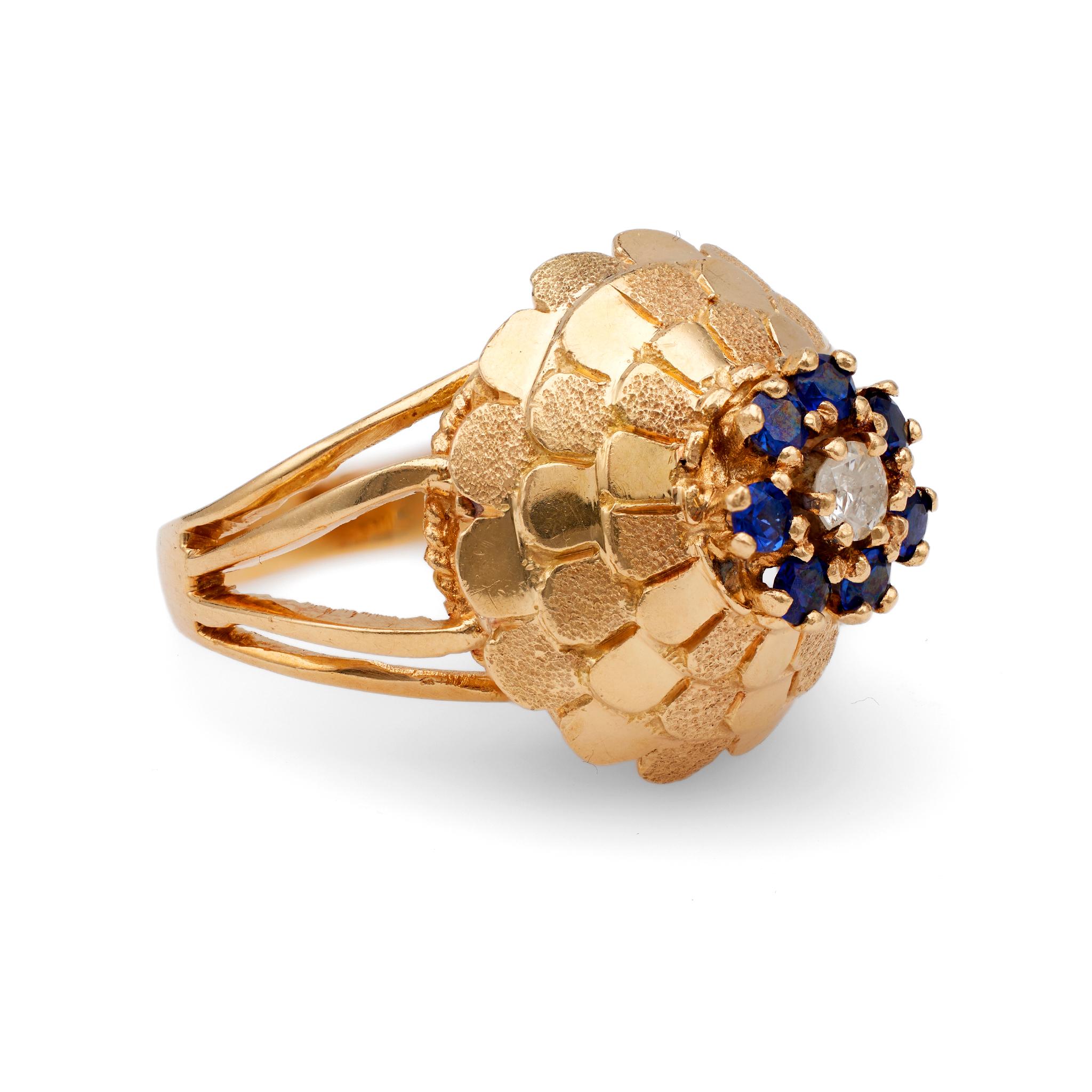 Mid-Century Diamond Sapphire 18k Yellow Gold Cocktail Ring In Good Condition For Sale In Beverly Hills, CA