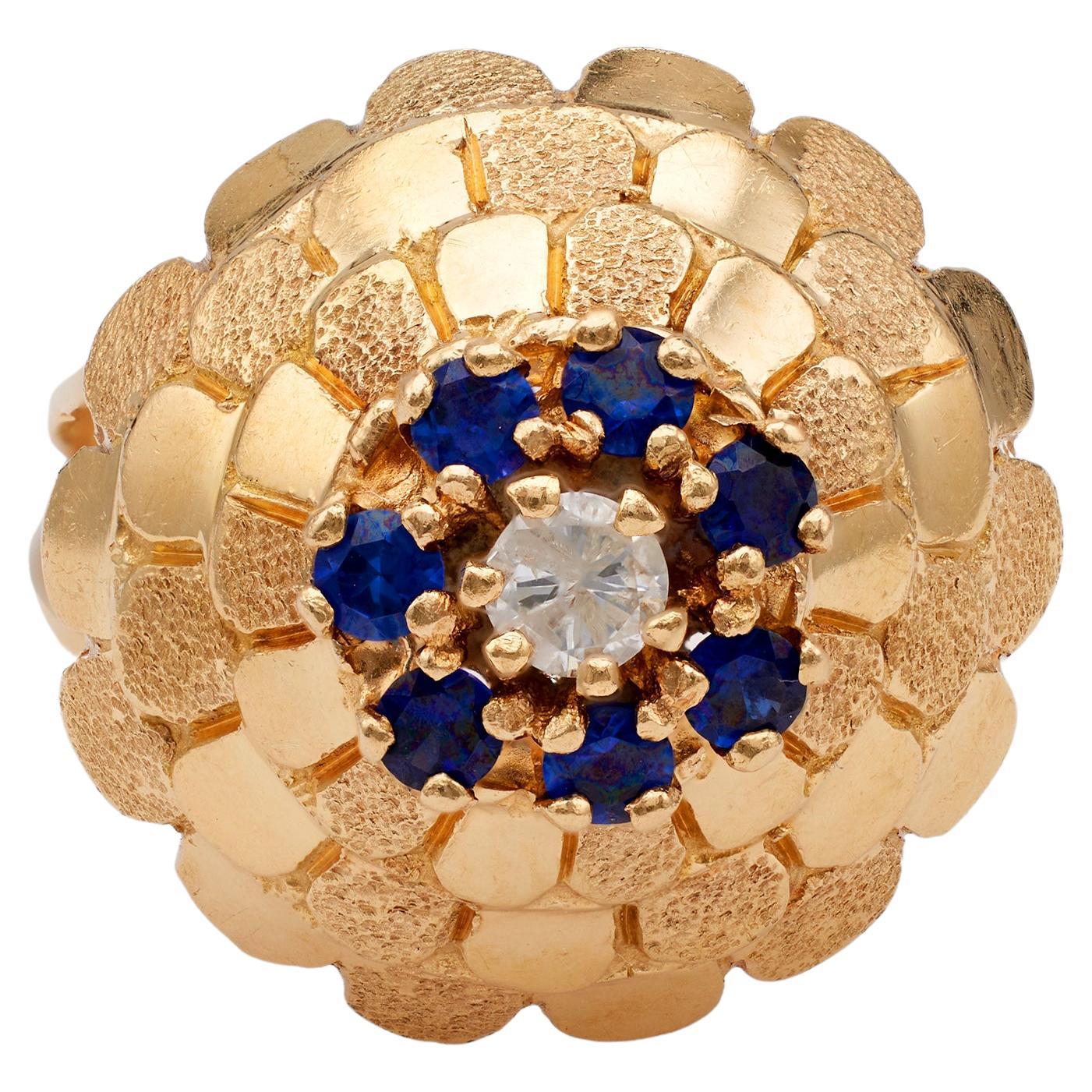 Mid-Century Diamond Sapphire 18k Yellow Gold Cocktail Ring For Sale