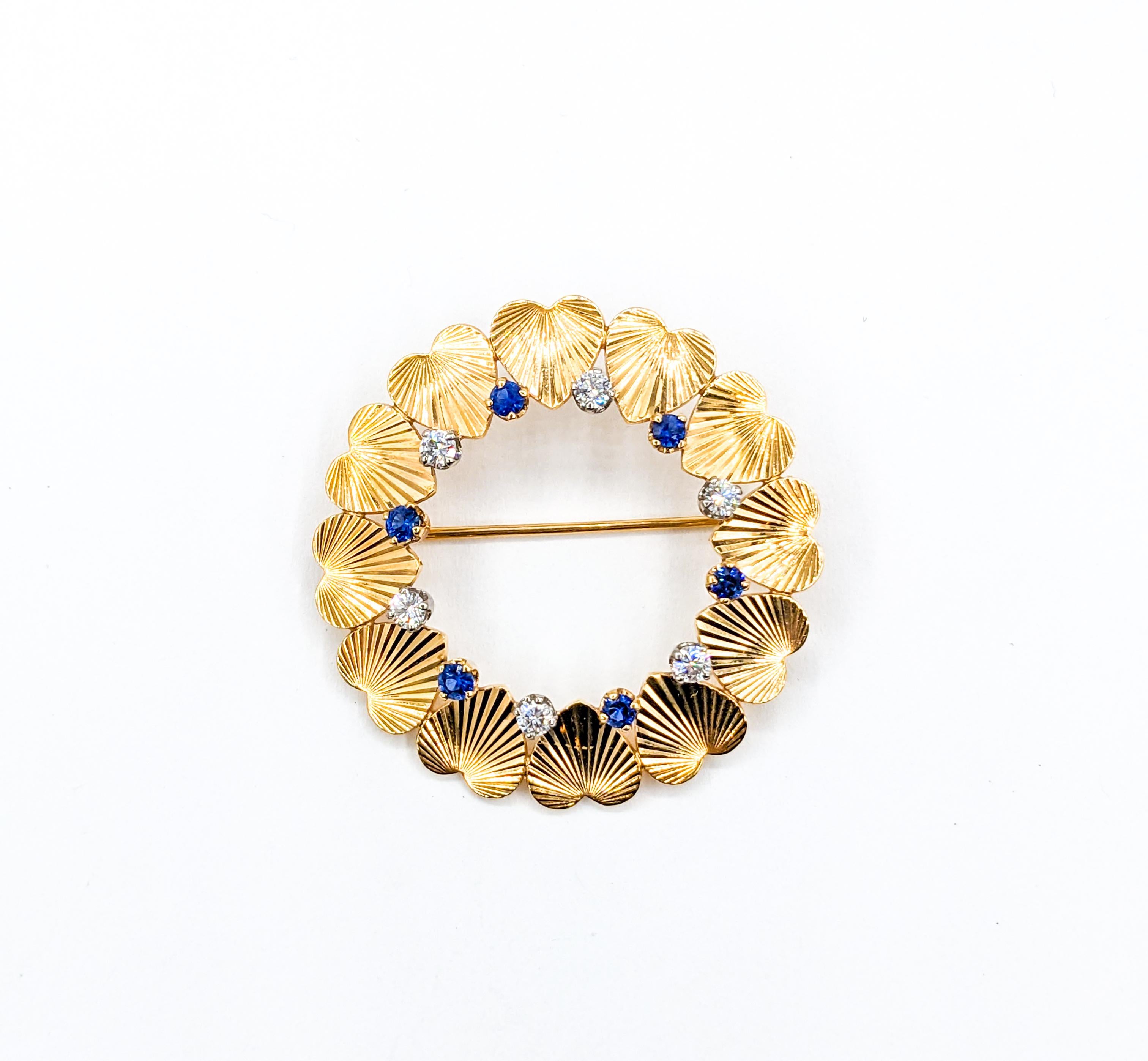 Mid-Century Diamond & Sapphire Heart Brooch in 14K Gold In Excellent Condition For Sale In Bloomington, MN