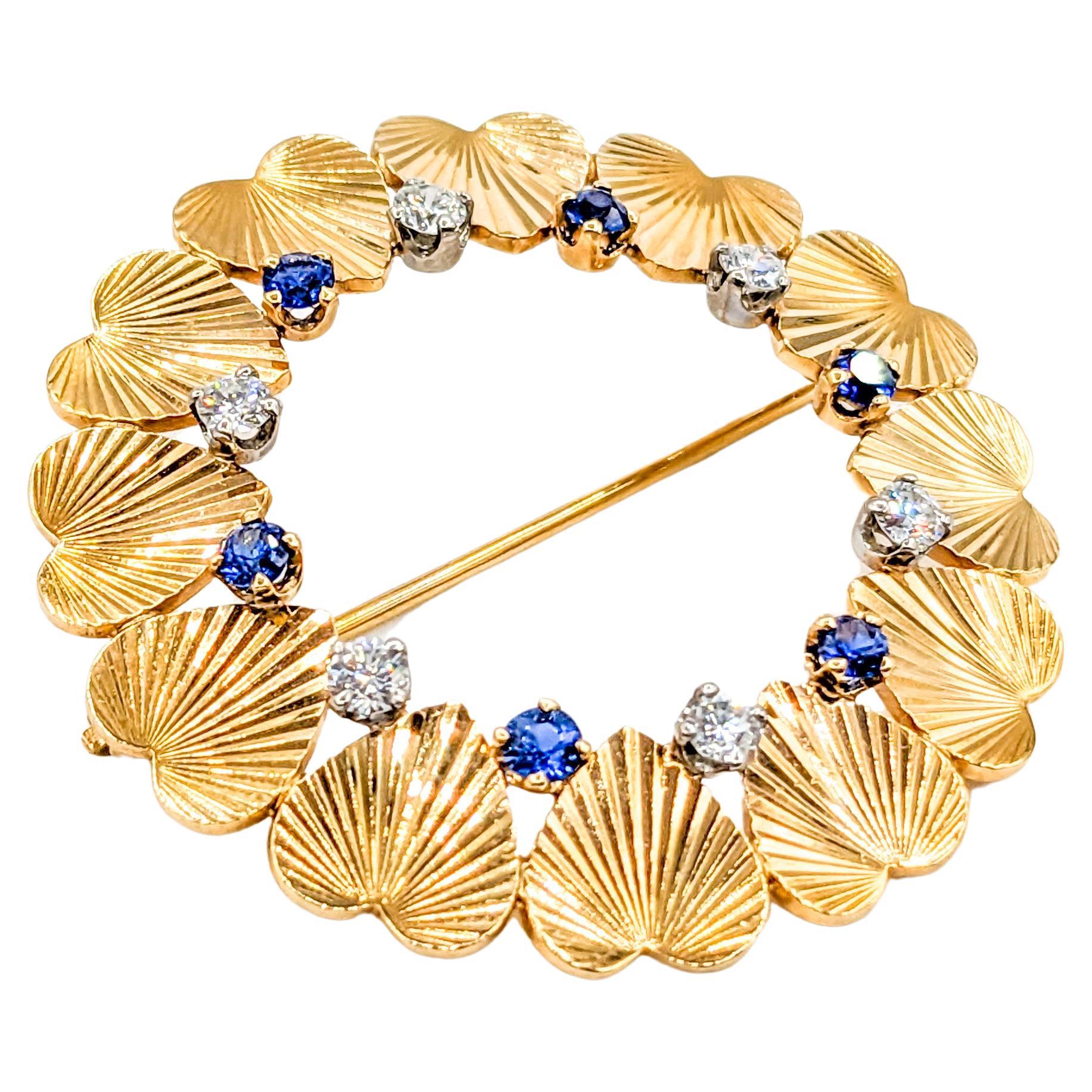 Mid-Century Diamond & Sapphire Heart Brooch in 14K Gold For Sale
