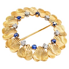 Vintage Mid-Century Diamond & Sapphire Heart Brooch in 14K Gold