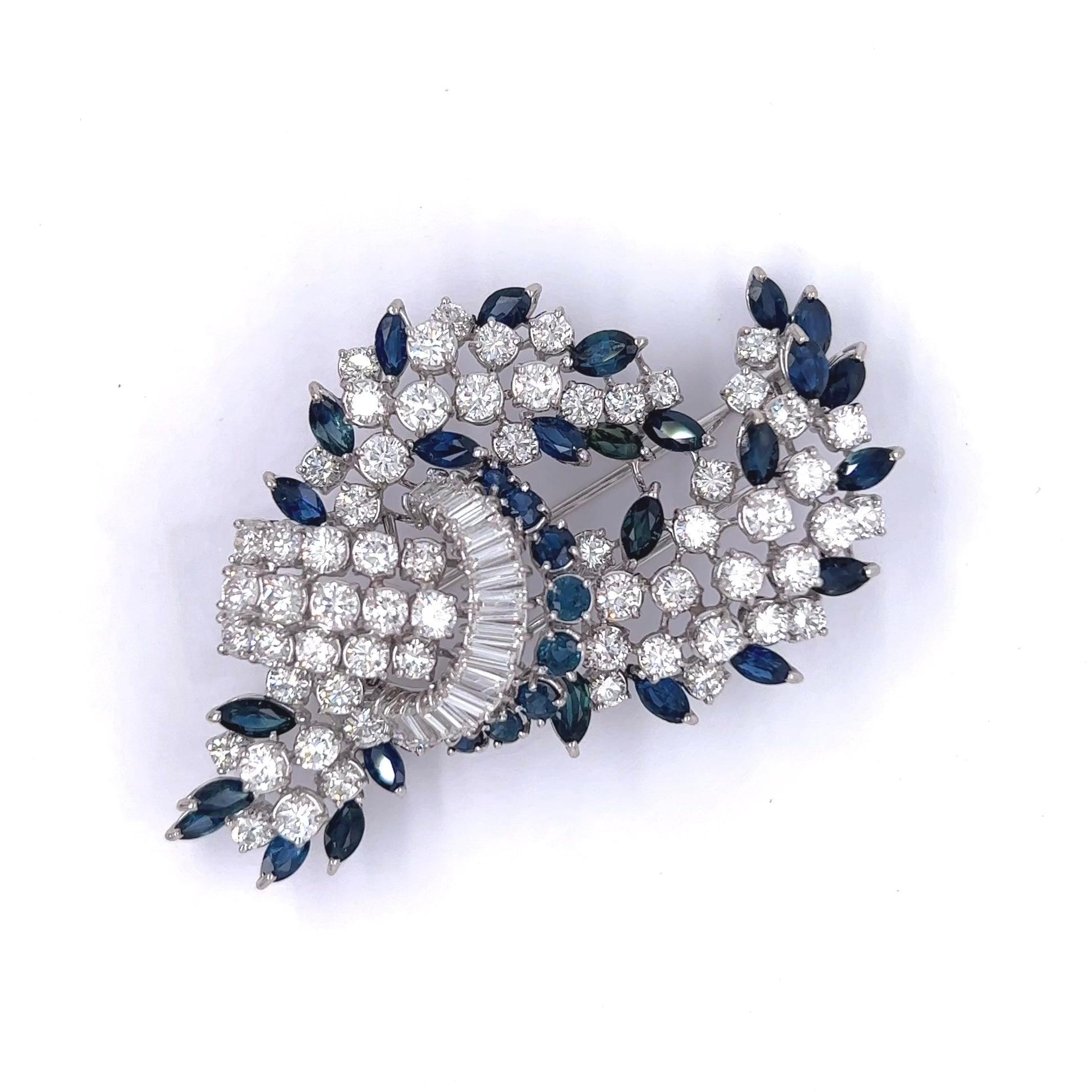 Women's or Men's Mid Century Diamond Sapphire Platinum Cluster Brooch