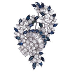 Vintage Mid Century Diamond Sapphire Platinum Cluster Brooch