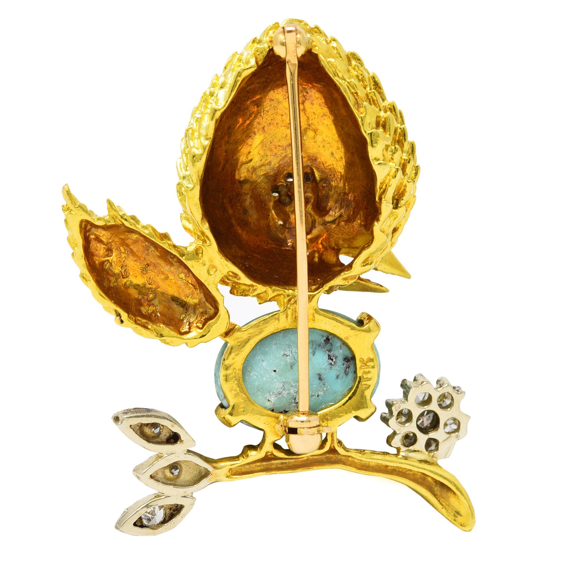 Cabochon Mid-Century Diamond Sapphire Turquoise Platinum 18 Karat Yellow Gold Bird Brooch