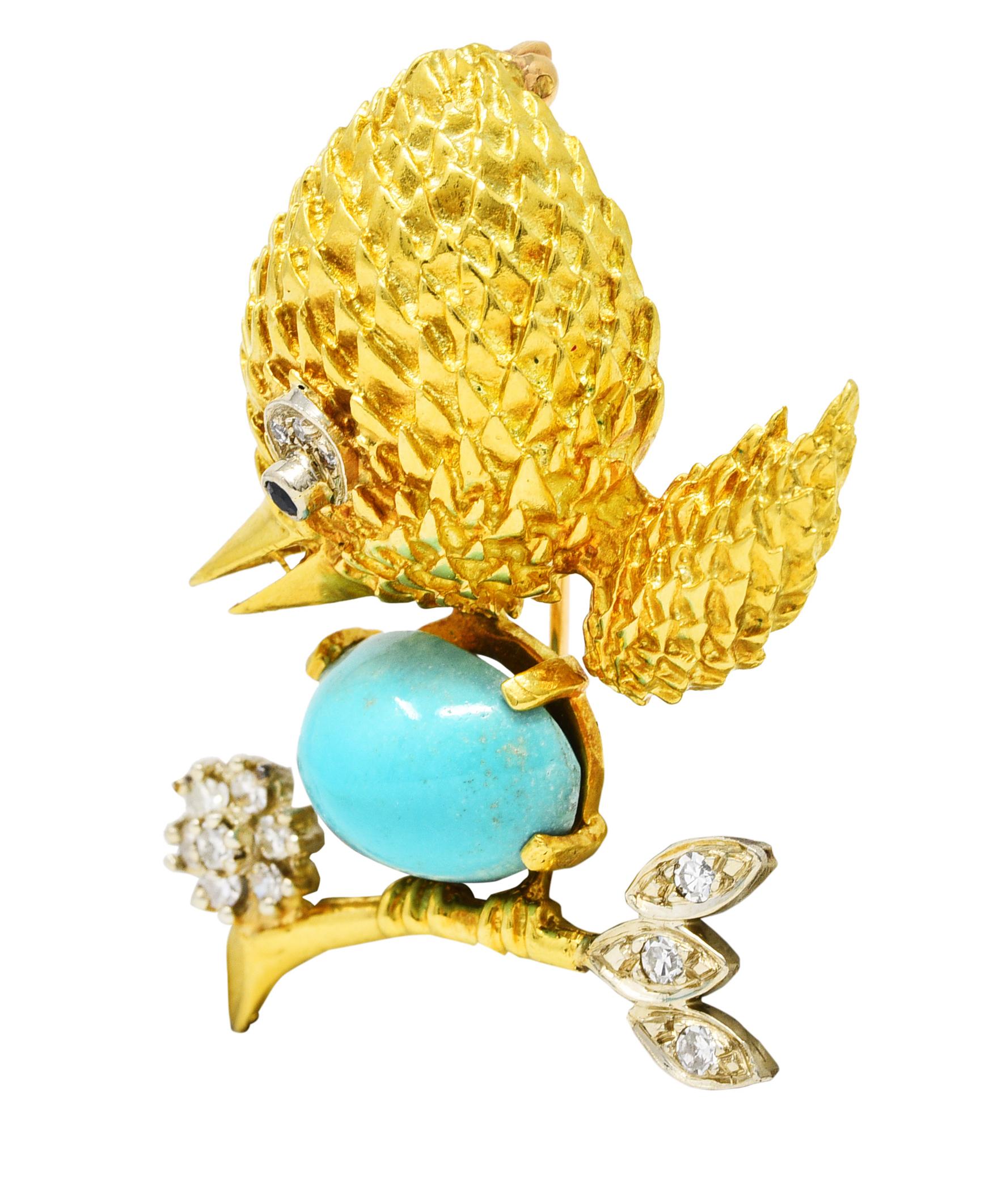 Mid-Century Diamond Sapphire Turquoise Platinum 18 Karat Yellow Gold Bird Brooch In Excellent Condition In Philadelphia, PA