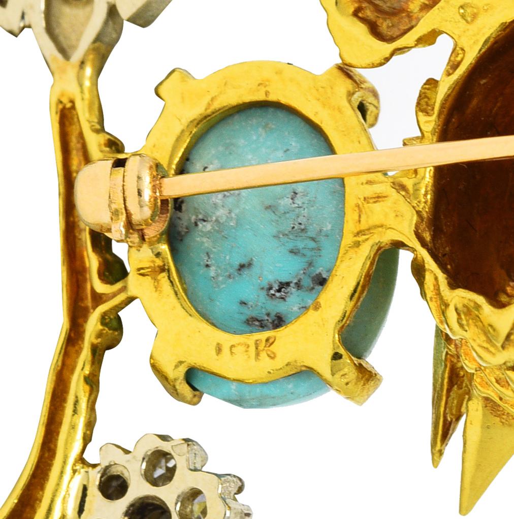 Women's or Men's Mid-Century Diamond Sapphire Turquoise Platinum 18 Karat Yellow Gold Bird Brooch