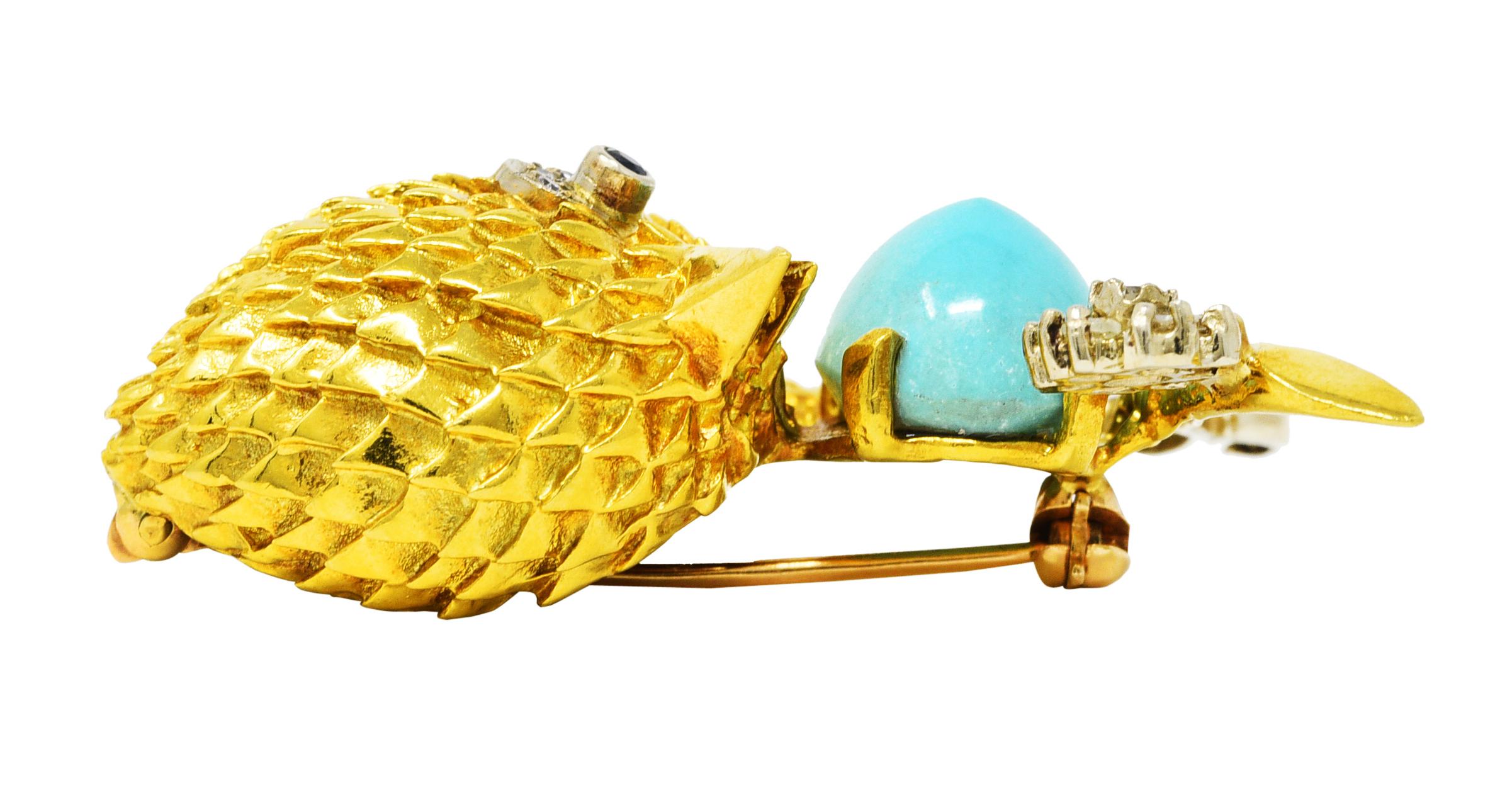 Mid-Century Diamond Sapphire Turquoise Platinum 18 Karat Yellow Gold Bird Brooch 1