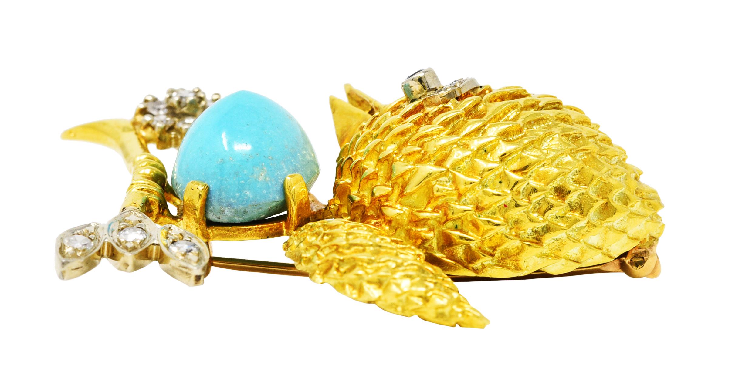 Mid-Century Diamond Sapphire Turquoise Platinum 18 Karat Yellow Gold Bird Brooch 2