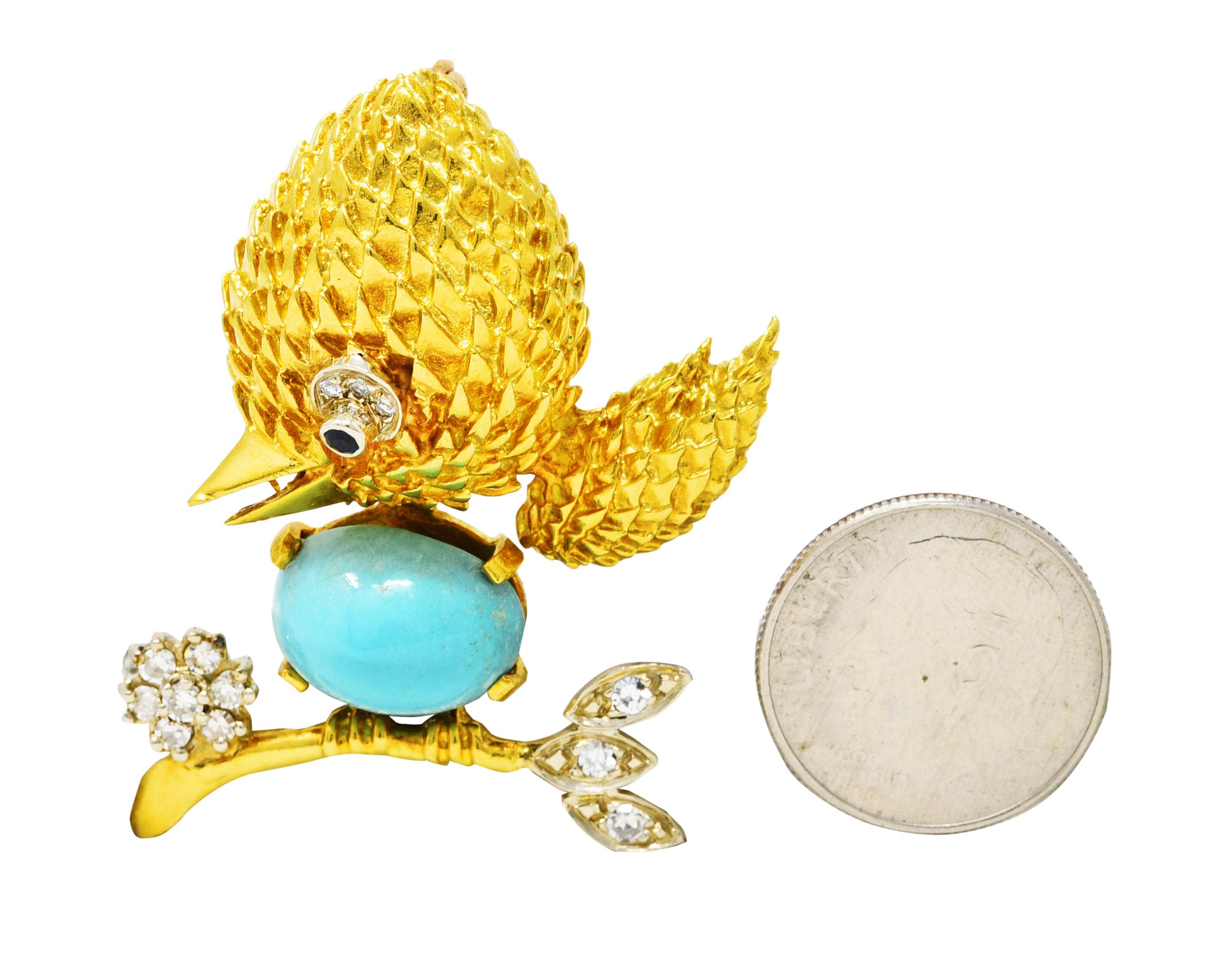 Mid-Century Diamond Sapphire Turquoise Platinum 18 Karat Yellow Gold Bird Brooch 3