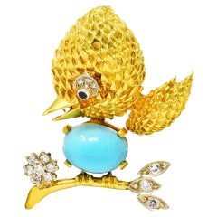 Mid-Century Diamond Sapphire Turquoise Platinum 18 Karat Yellow Gold Bird Brooch