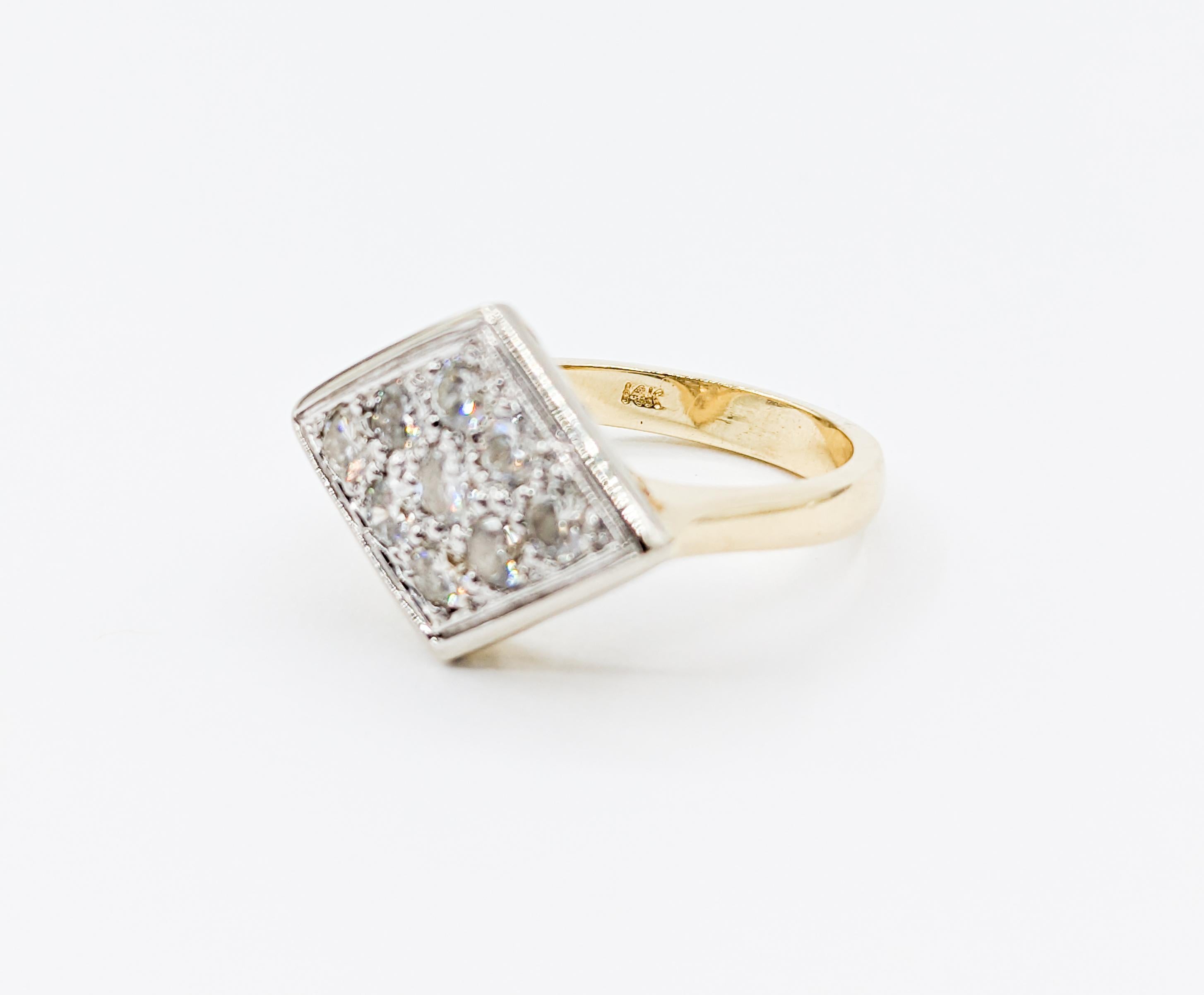 Round Cut Mid-Century Diamond Shaped Two-Tone Pave Diamond Ring in 14kt Gold For Sale