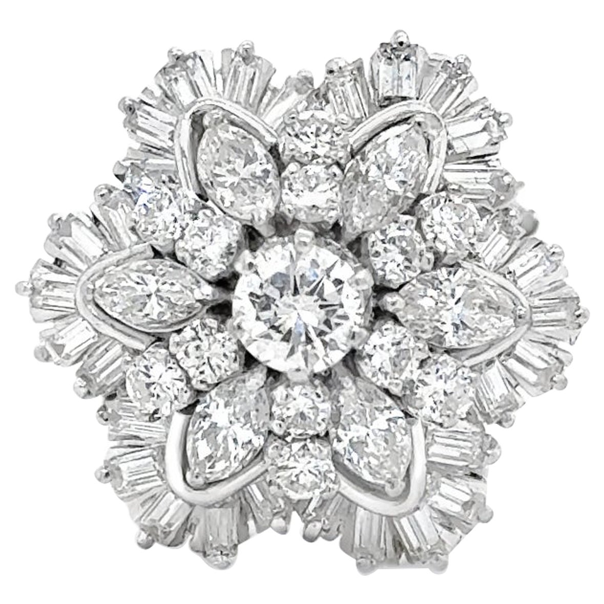 Mid Century Diamond Snowflake Ballerina Ring Platinum