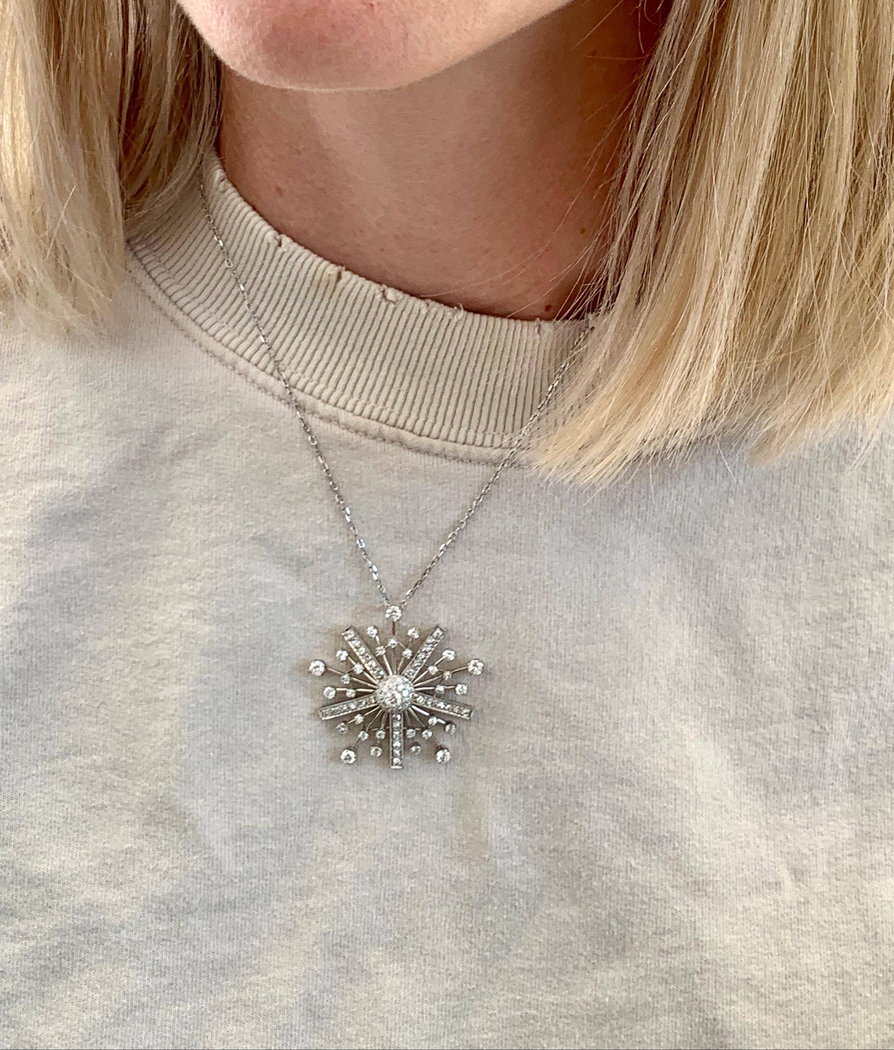 Women's Mid-Century Diamond Snowflake Platinum Pendant For Sale