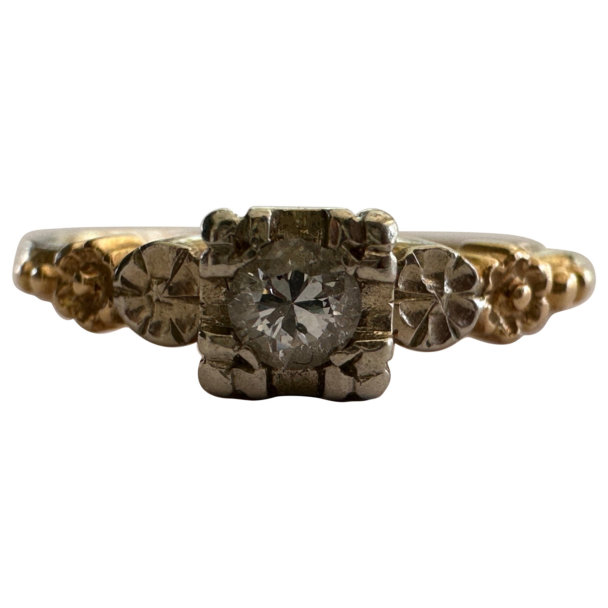 Anello a fiore con solitario di diamanti di metà secolo