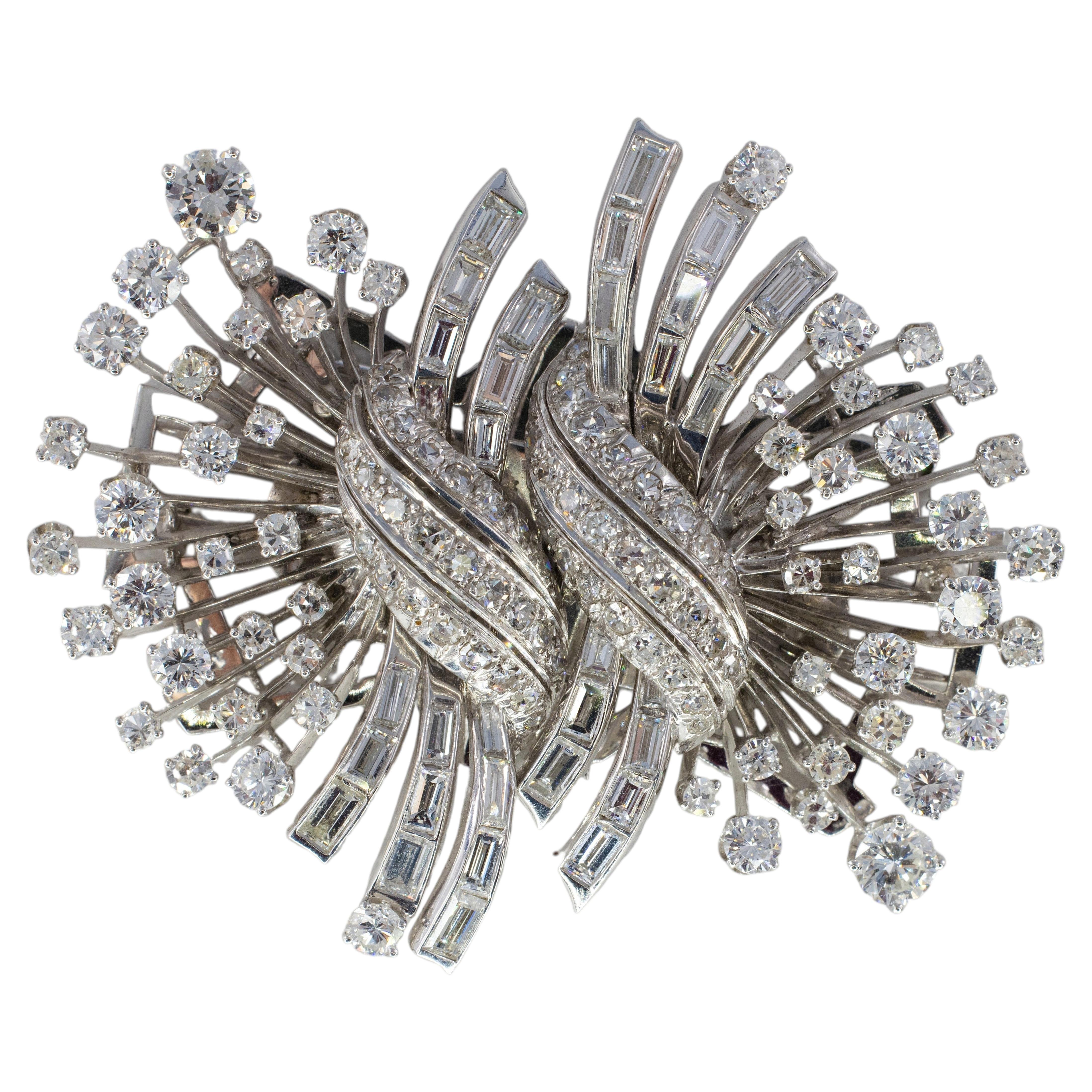 Mid-Century Diamond Spray Convertible Double Clip Brooch