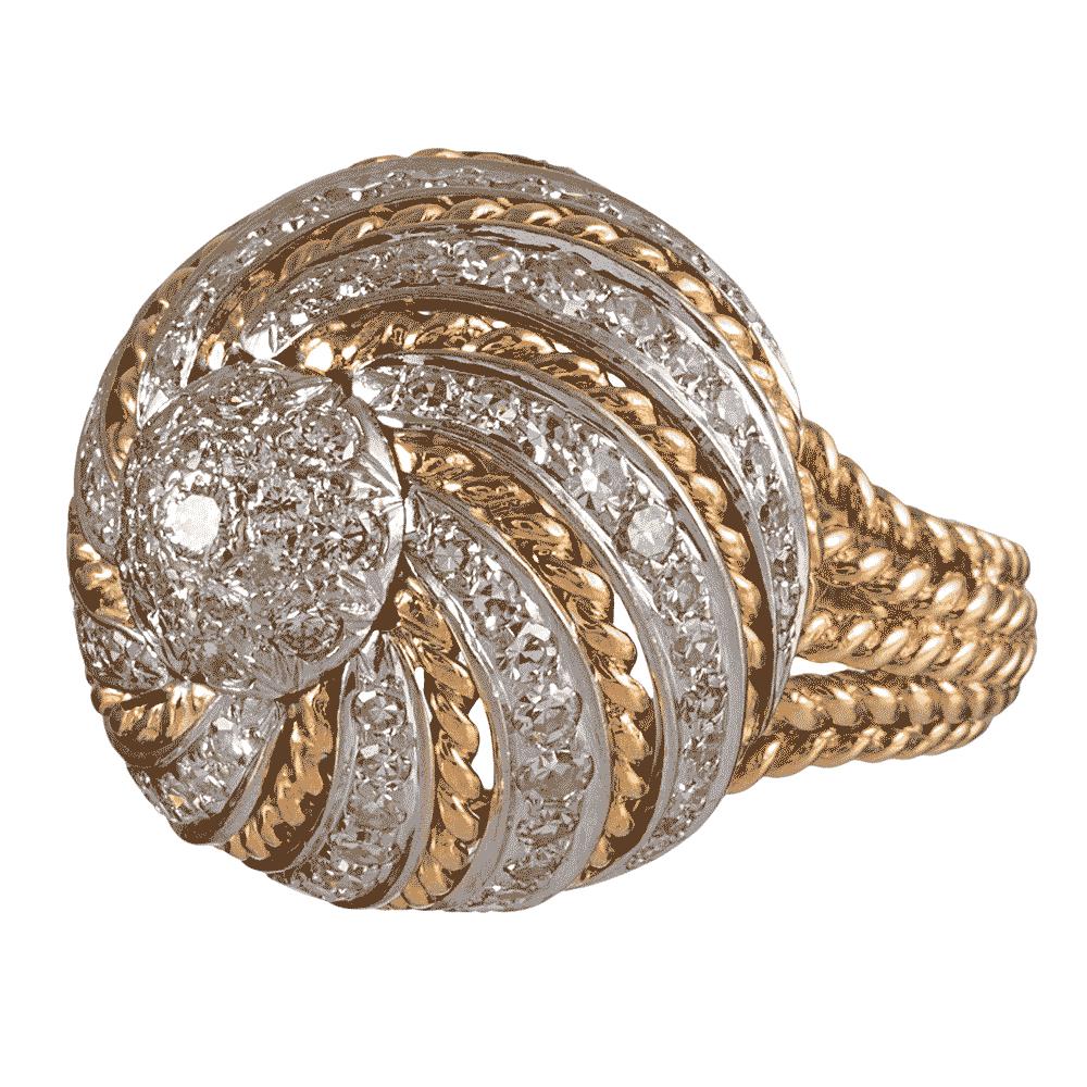 Twisted stands of 18 karat yellow gold alternate with polished strokes of 18 karat white gold to create a diamond swirl. The ring offers a lively aesthetic and will be both a fun and sophisticated addition to your attire. The piece is appointed with