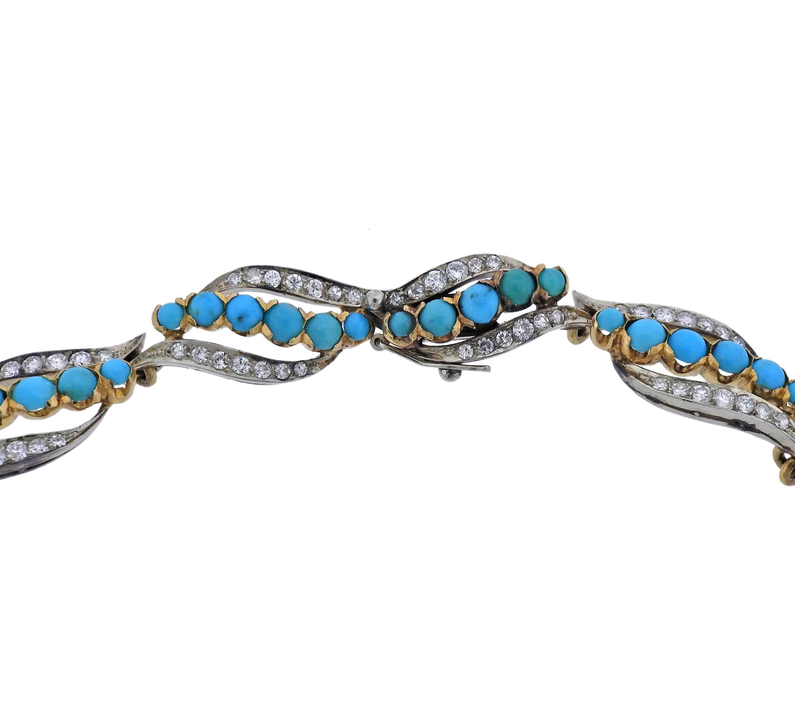 Midcentury Diamond Turquoise Gold Necklace In Excellent Condition In Lambertville, NJ