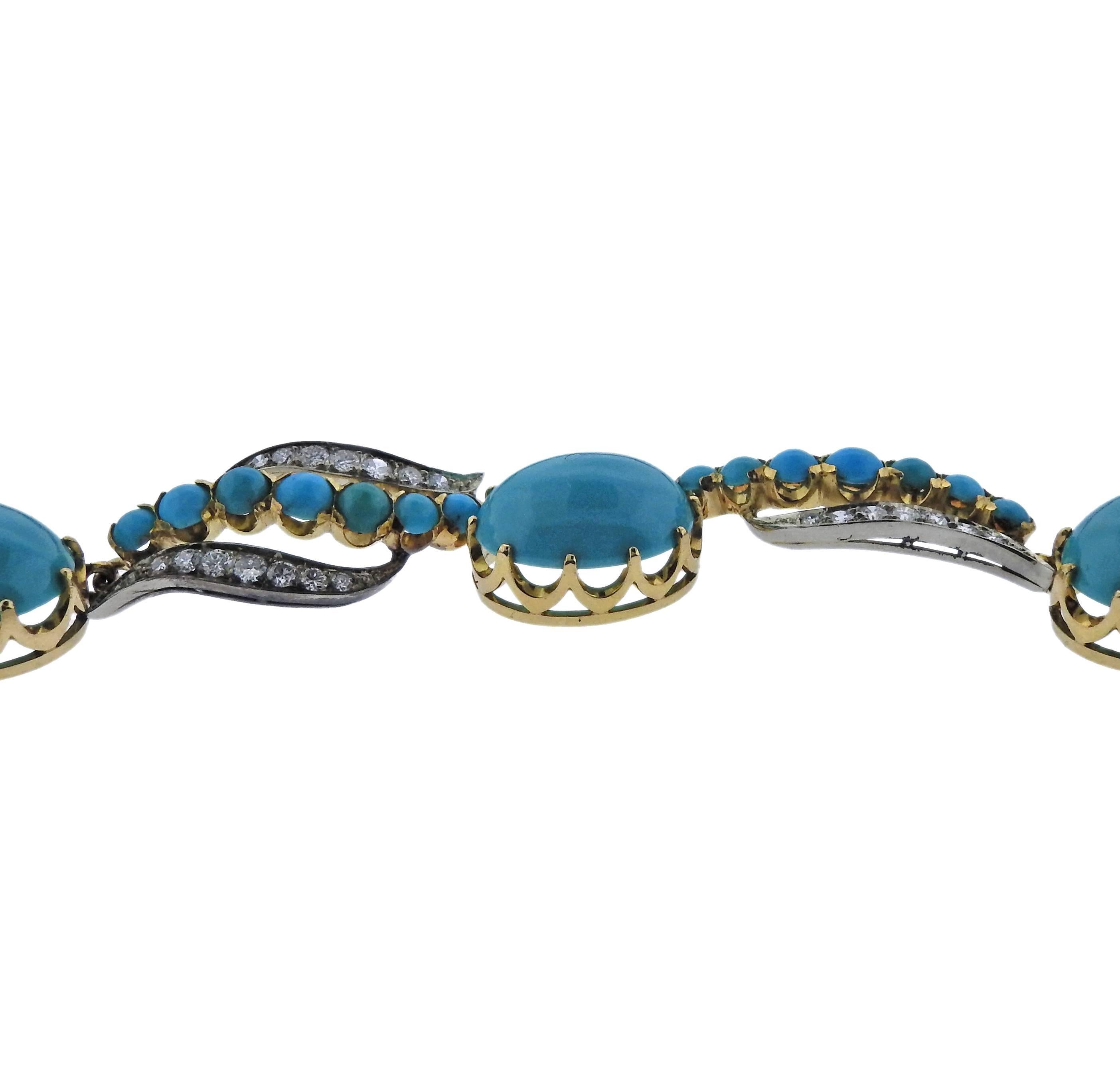 Women's Midcentury Diamond Turquoise Gold Necklace