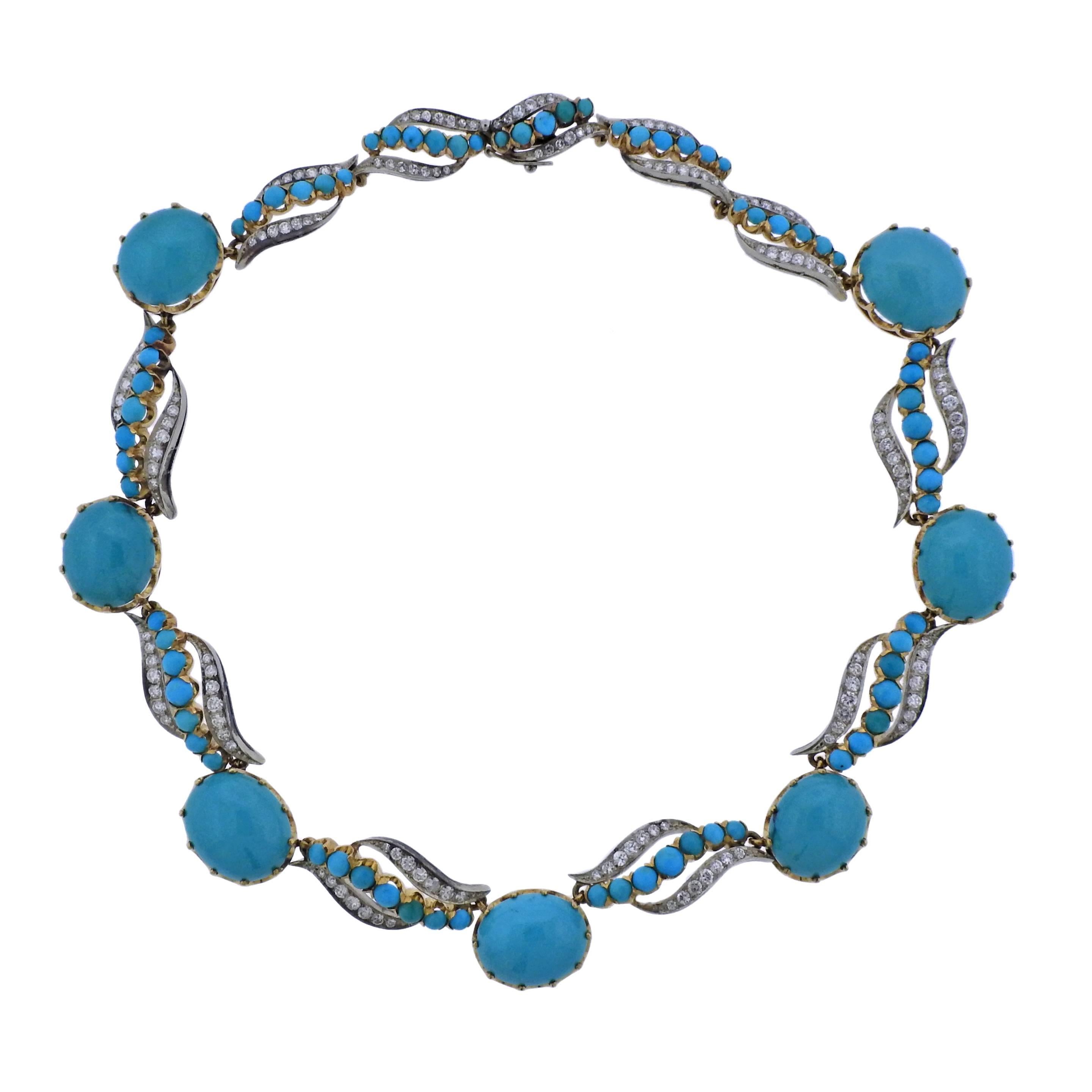 Midcentury Diamond Turquoise Gold Necklace
