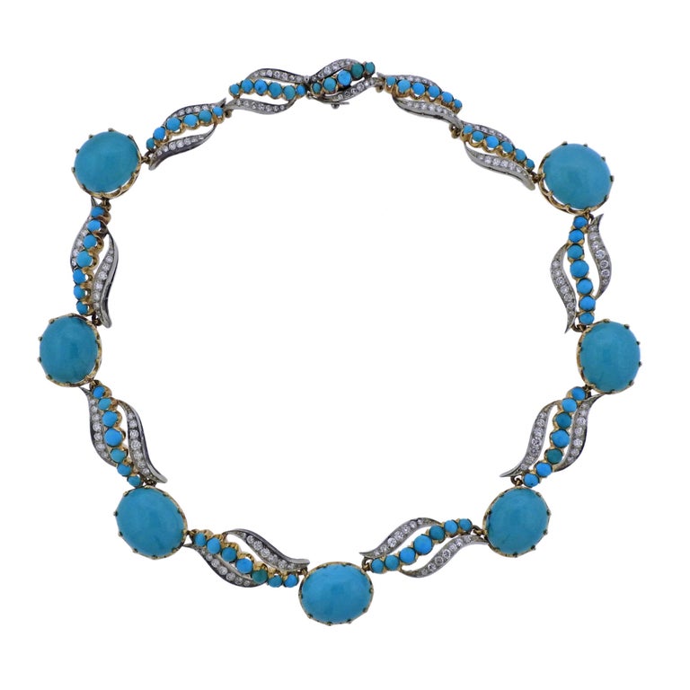 Midcentury Diamond Turquoise Gold Necklace at 1stDibs