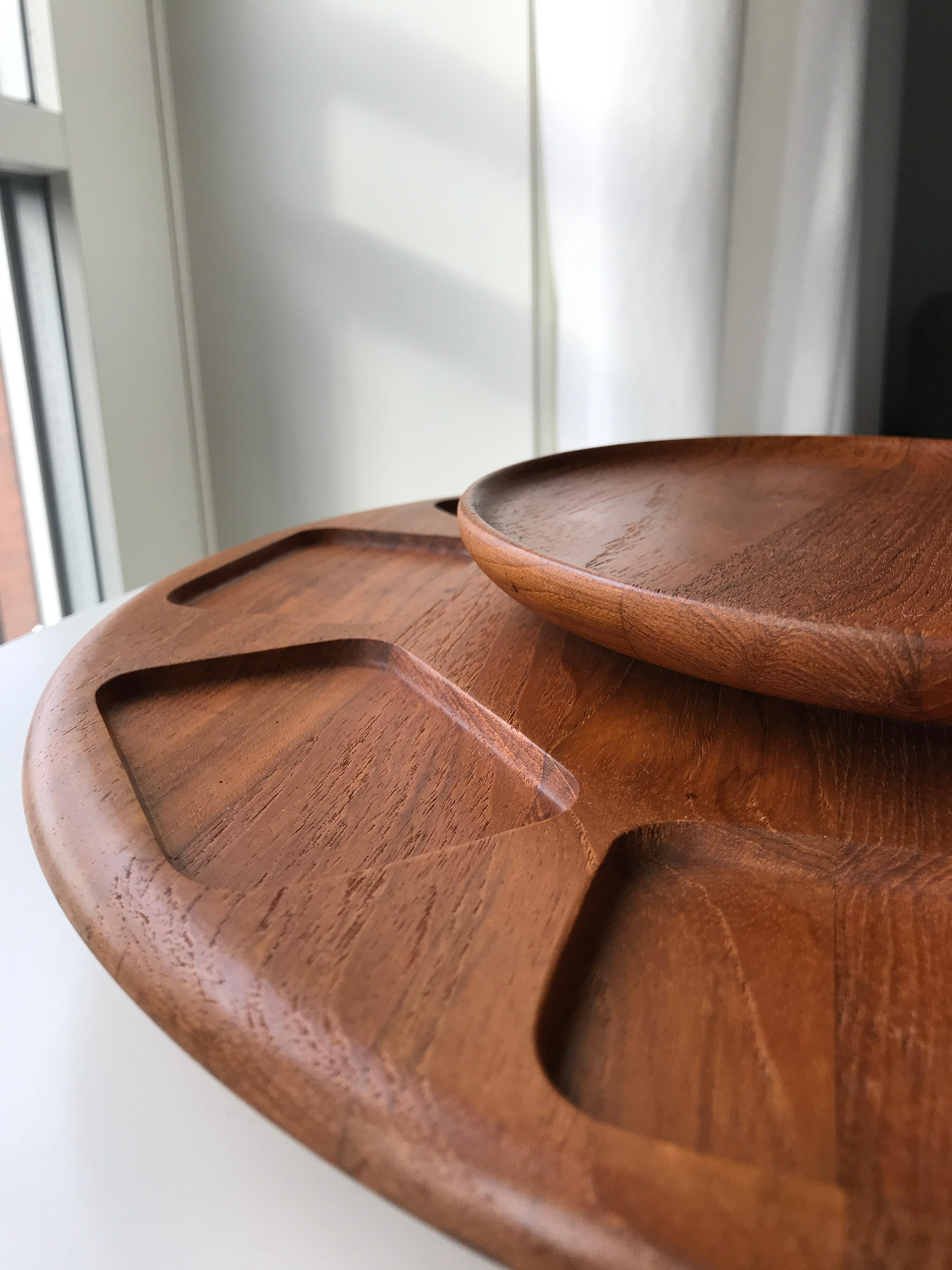 Carved Mid-Century Digsmed Lazy Susan Solid Teak Tray For Sale