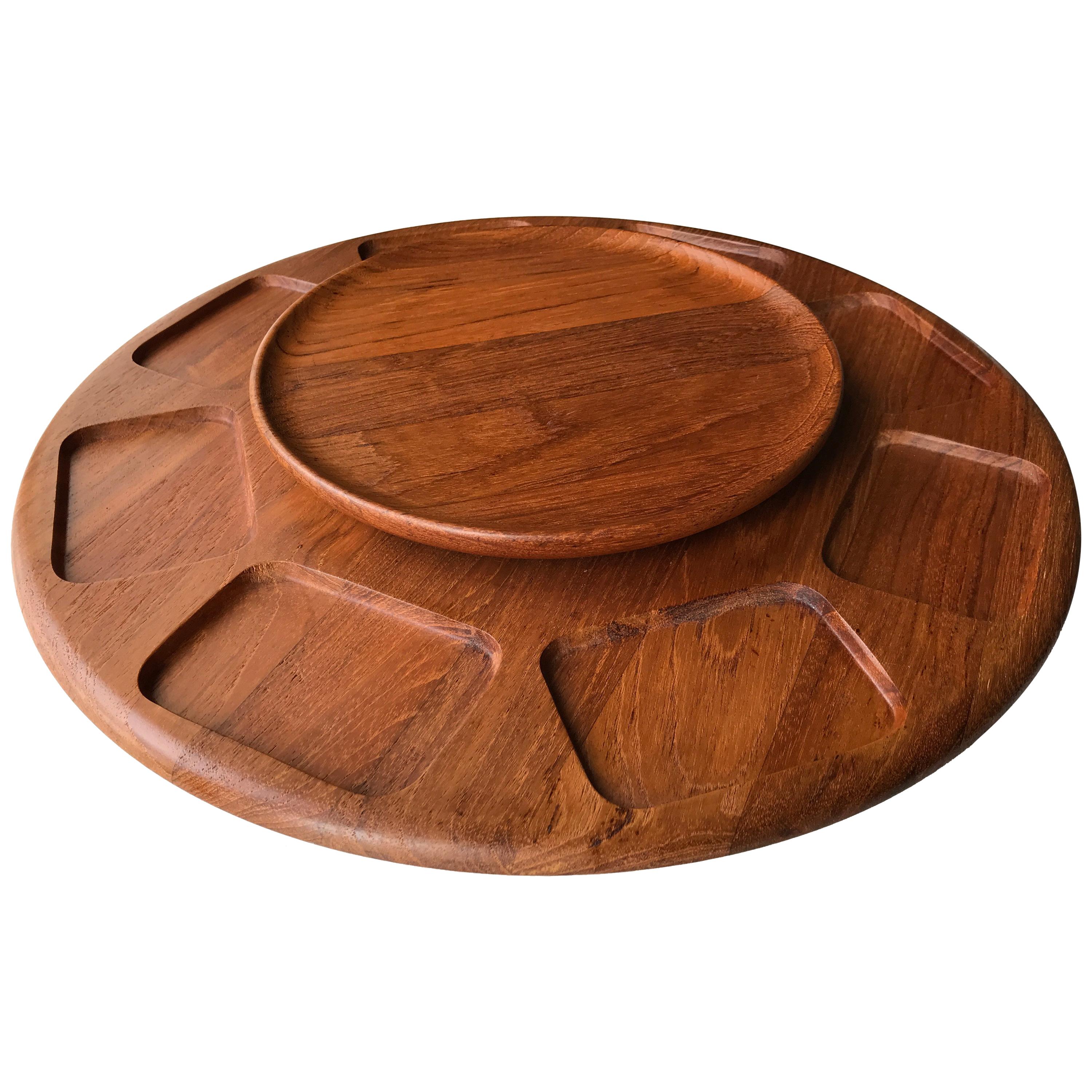 Mid-Century Digsmed Lazy Susan Solid Teak Tray For Sale