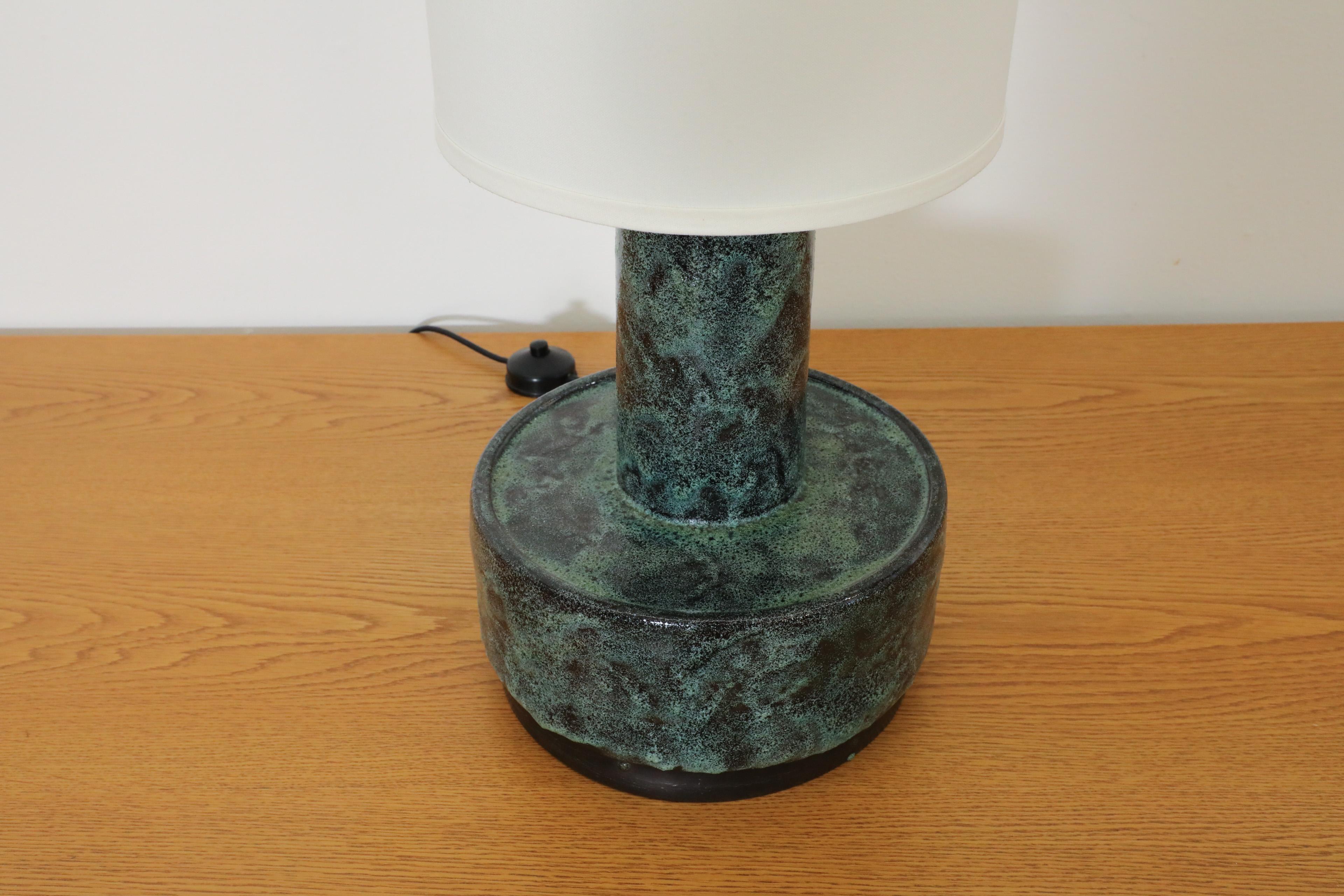 Mid-Century Dijkstra Lampen Green Lava Ceramic Table or Floor Lamp w/ Tall Shade For Sale 4