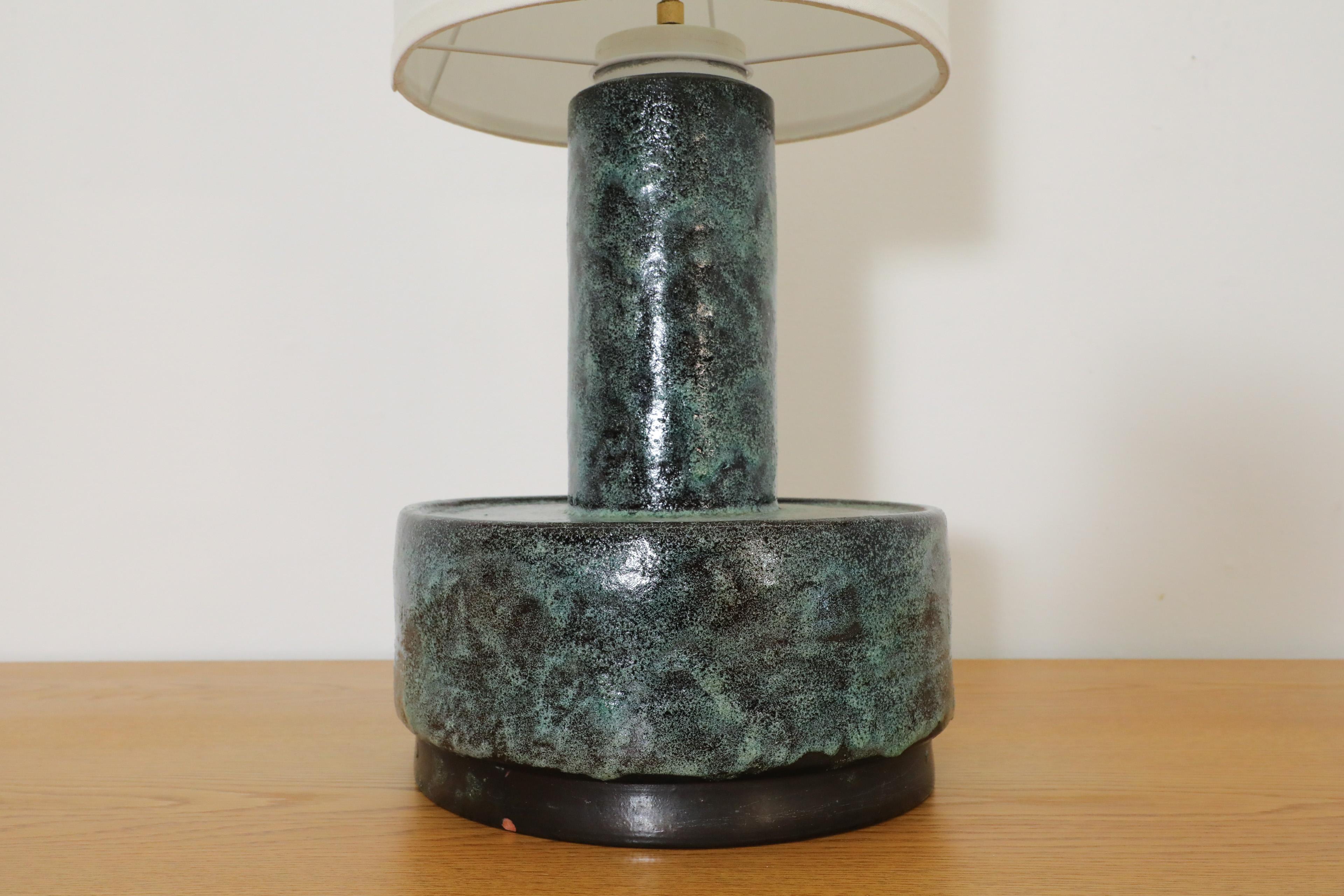 Mid-Century Dijkstra Lampen Green Lava Ceramic Table or Floor Lamp w/ Tall Shade For Sale 5