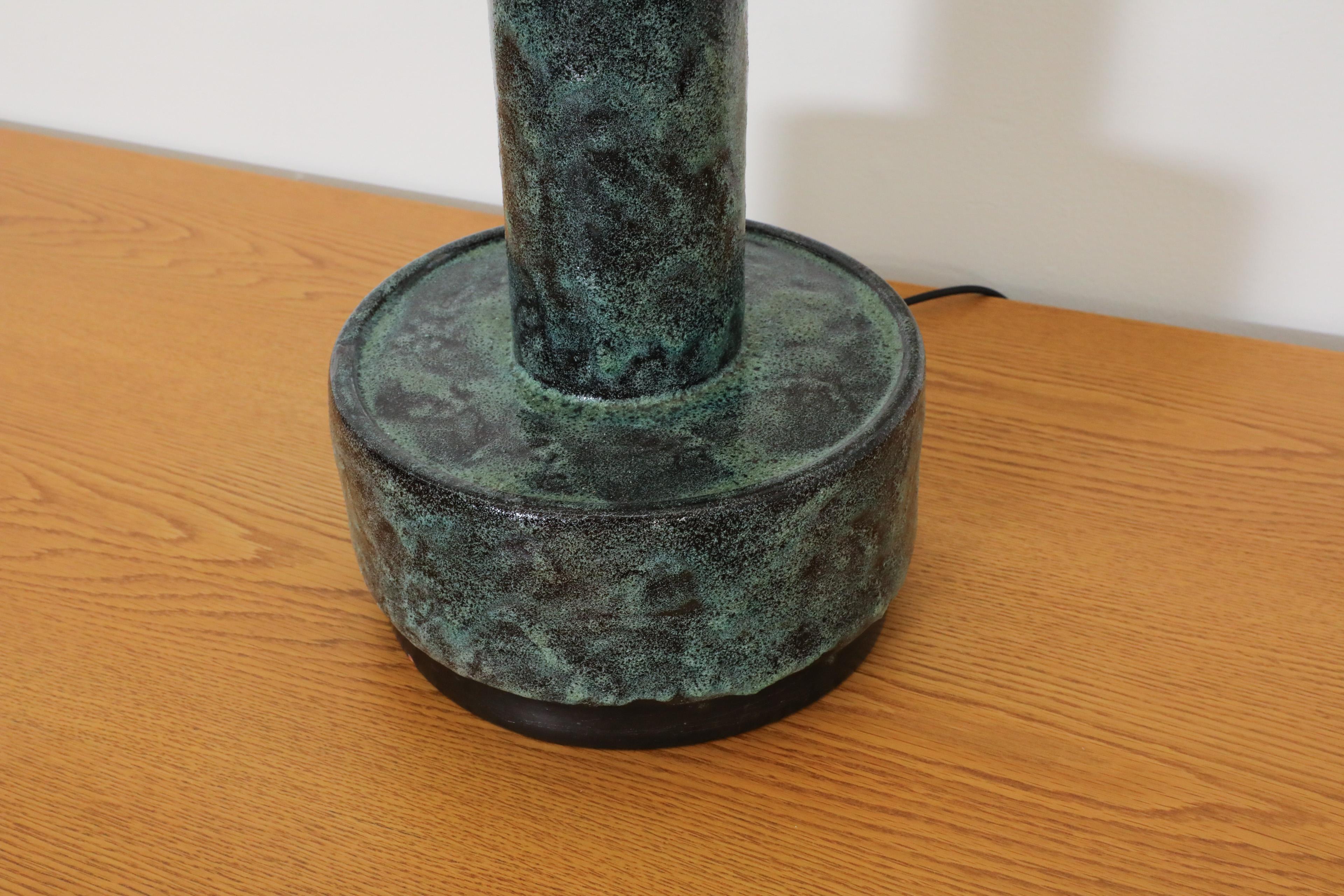 Mid-Century Dijkstra Lampen Green Lava Ceramic Table or Floor Lamp w/ Tall Shade For Sale 6