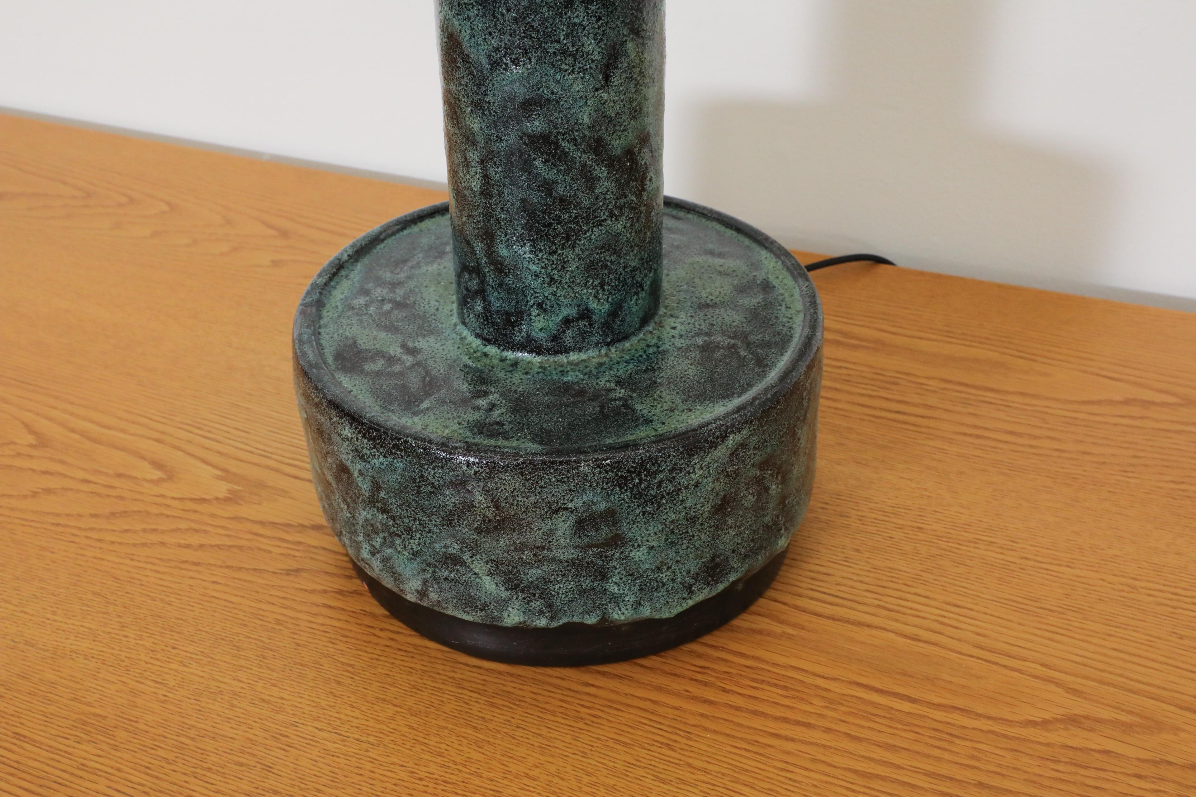 Mid-Century Dijkstra Lampen Green Lava Ceramic Table or Floor Lamp w/ Tall Shade 6