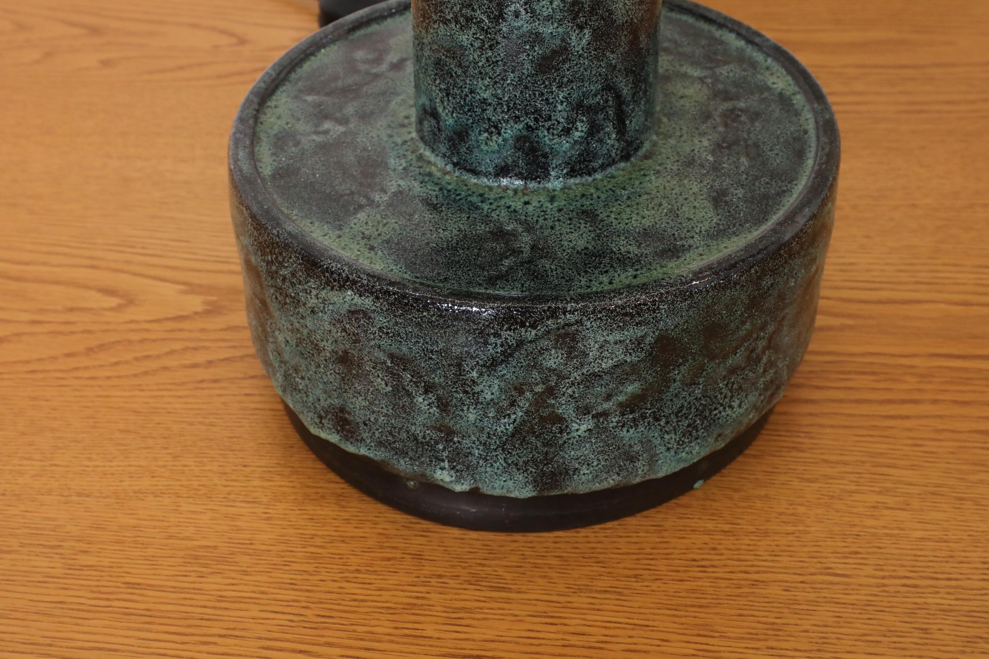 Mid-Century Dijkstra Lampen Green Lava Ceramic Table or Floor Lamp w/ Tall Shade 7