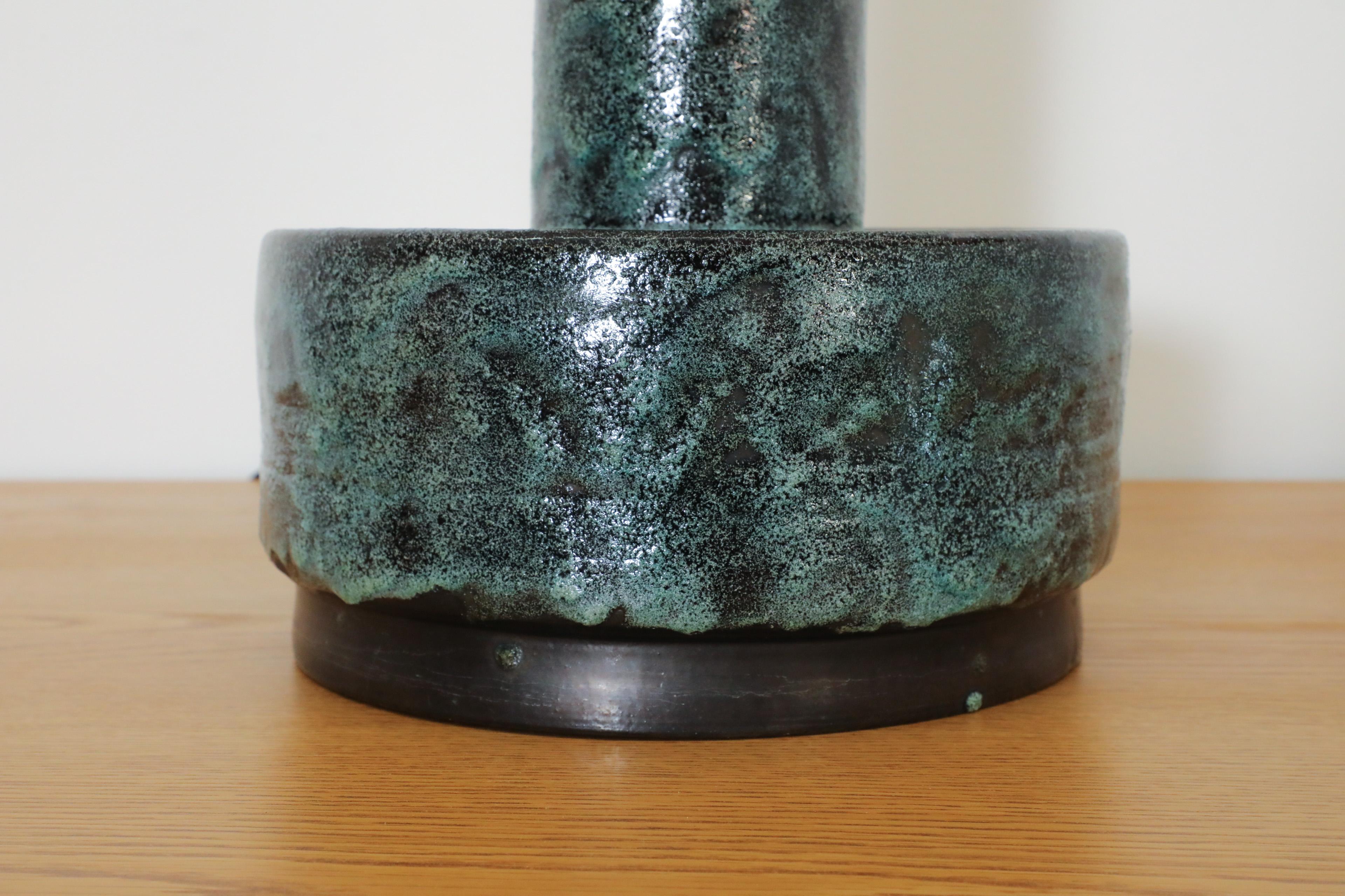 Mid-Century Dijkstra Lampen Green Lava Ceramic Table or Floor Lamp w/ Tall Shade 8