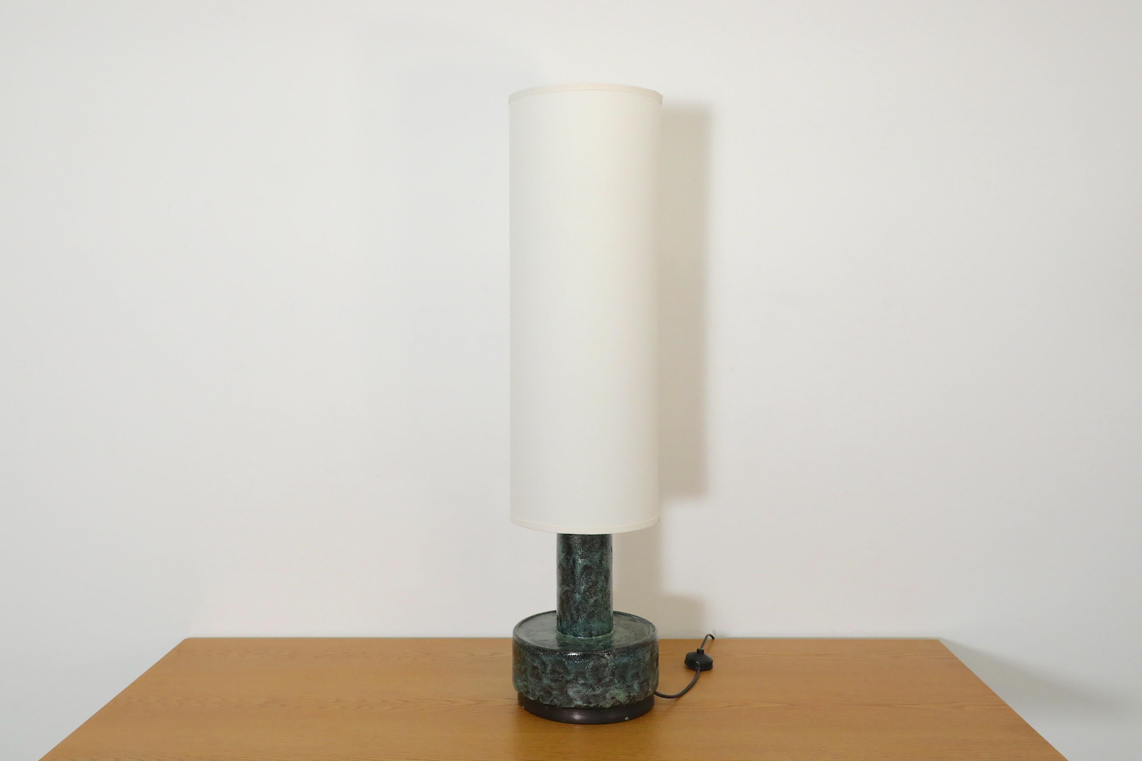 Mid-Century Dijkstra Lampen Green Lava Ceramic Table or Floor Lamp w/ Tall Shade 10