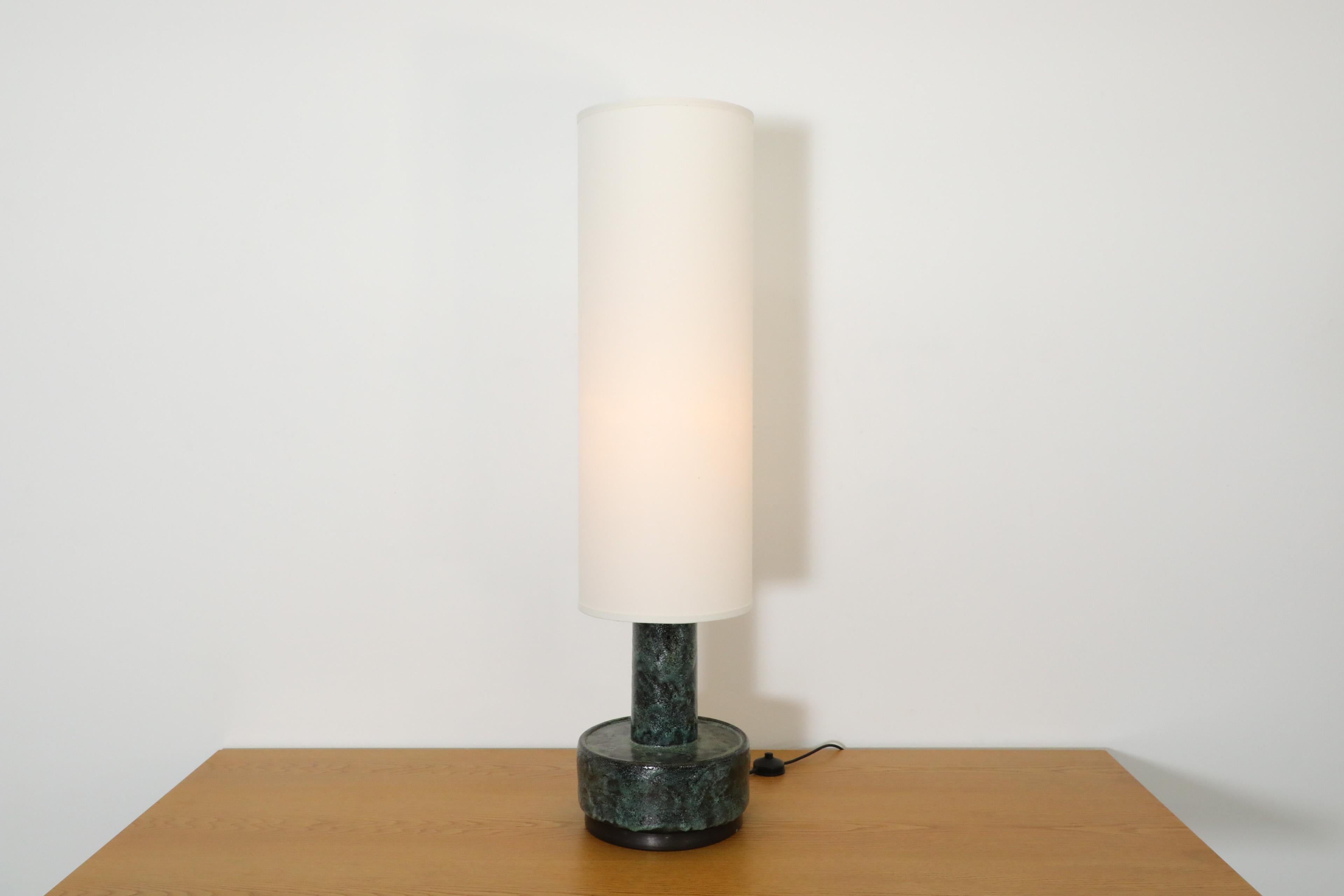Mid-Century Modern Mid-Century Dijkstra Lampen Green Lava Ceramic Table or Floor Lamp w/ Tall Shade For Sale