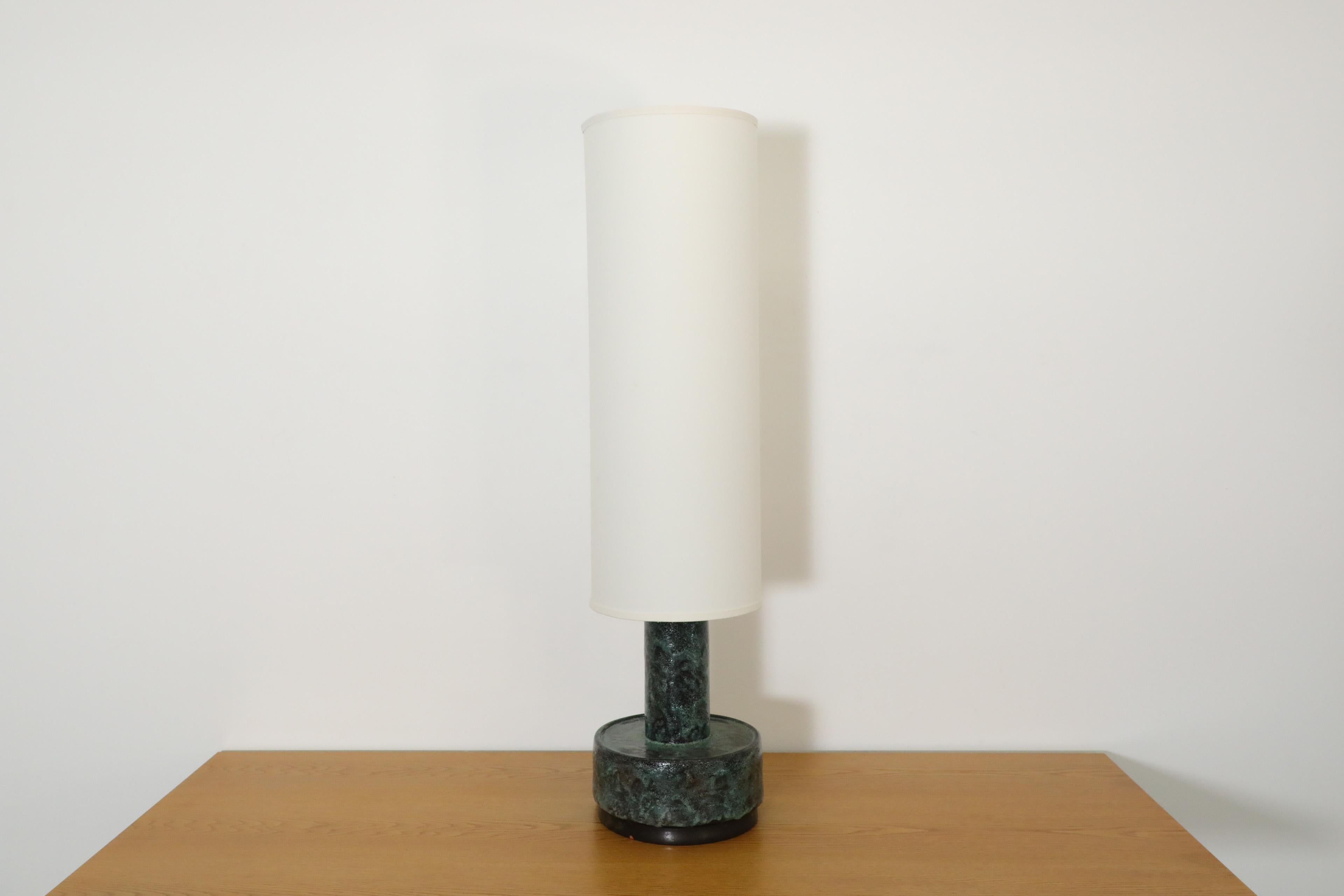 Mid-20th Century Mid-Century Dijkstra Lampen Green Lava Ceramic Table or Floor Lamp w/ Tall Shade For Sale