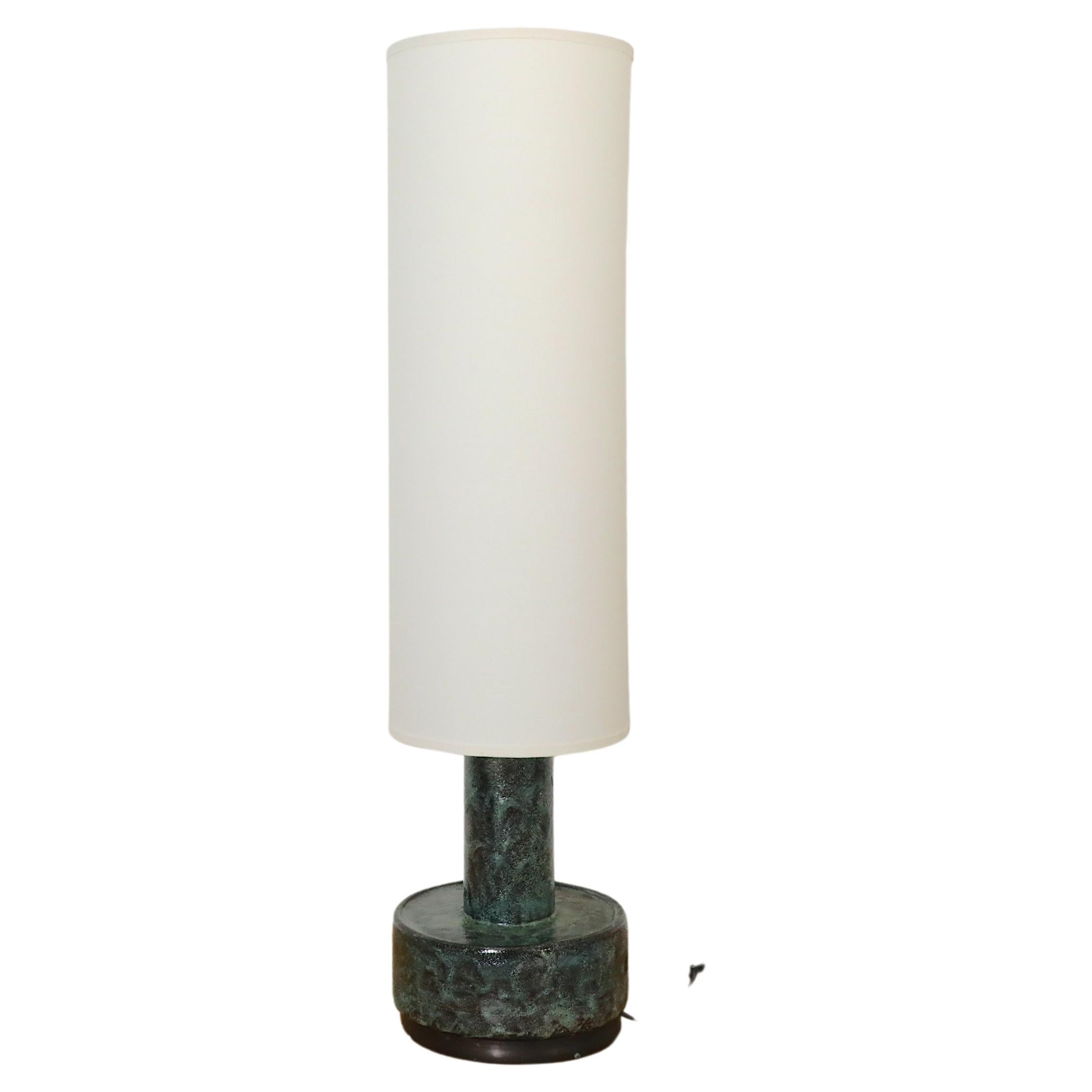 Mid-Century Dijkstra Lampen Green Lava Ceramic Table or Floor Lamp w/ Tall Shade For Sale