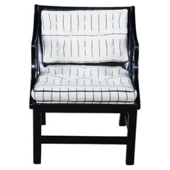 Mid Century Diminutive Black Lacquer Tufted & Striped Chinoiserie Arm Chair MCM