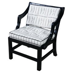 Mid Century Diminutive Black Lacquer Tufted & Striped Chinoiserie Arm Chair MCM