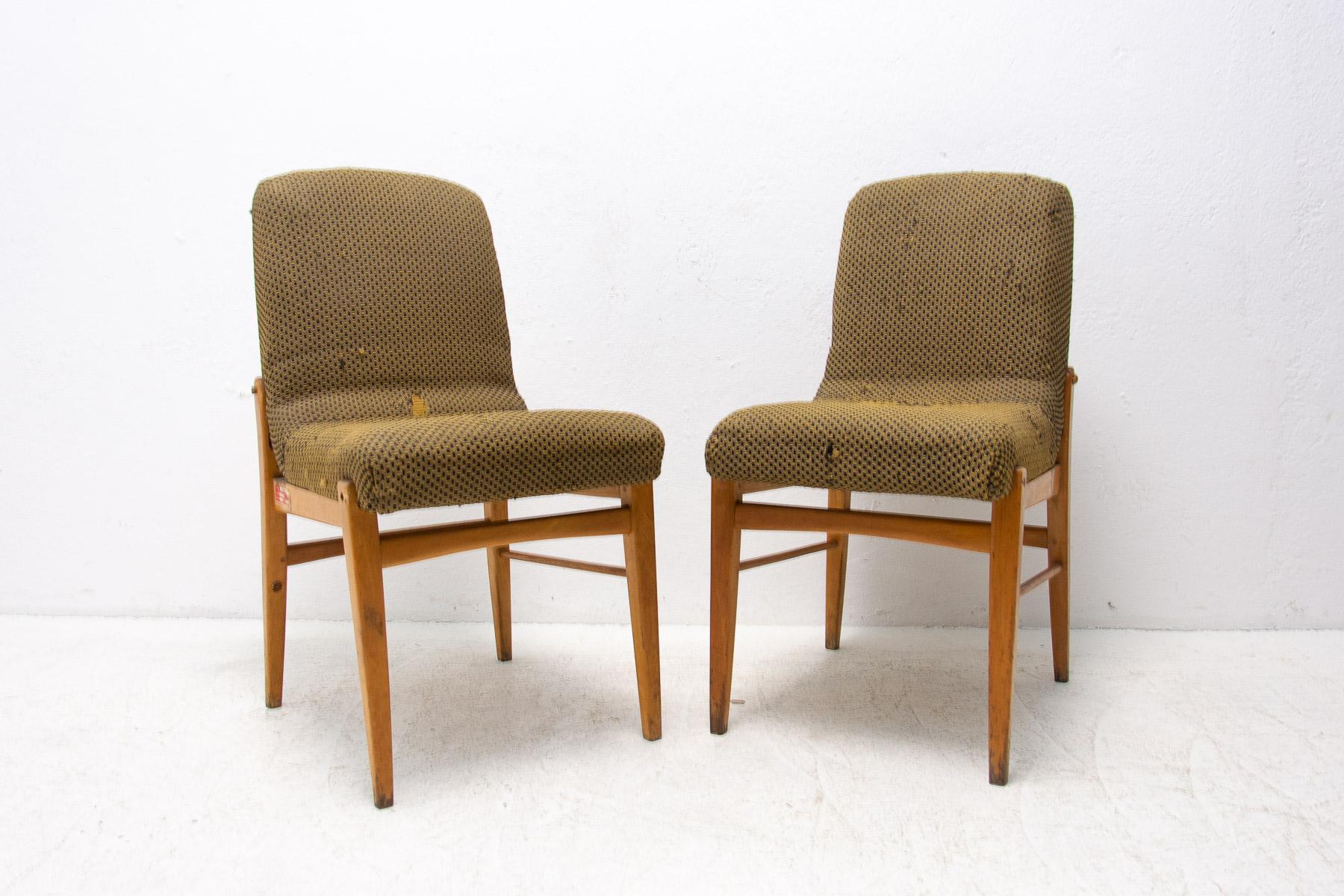 An upholstered dining chairs, made in the former Czechoslovakia in the 1960s. The chairs are constructed of beech wood. Very interesting shaping. The upholstery shows significant signs of age and using and would need to be reupholstered .