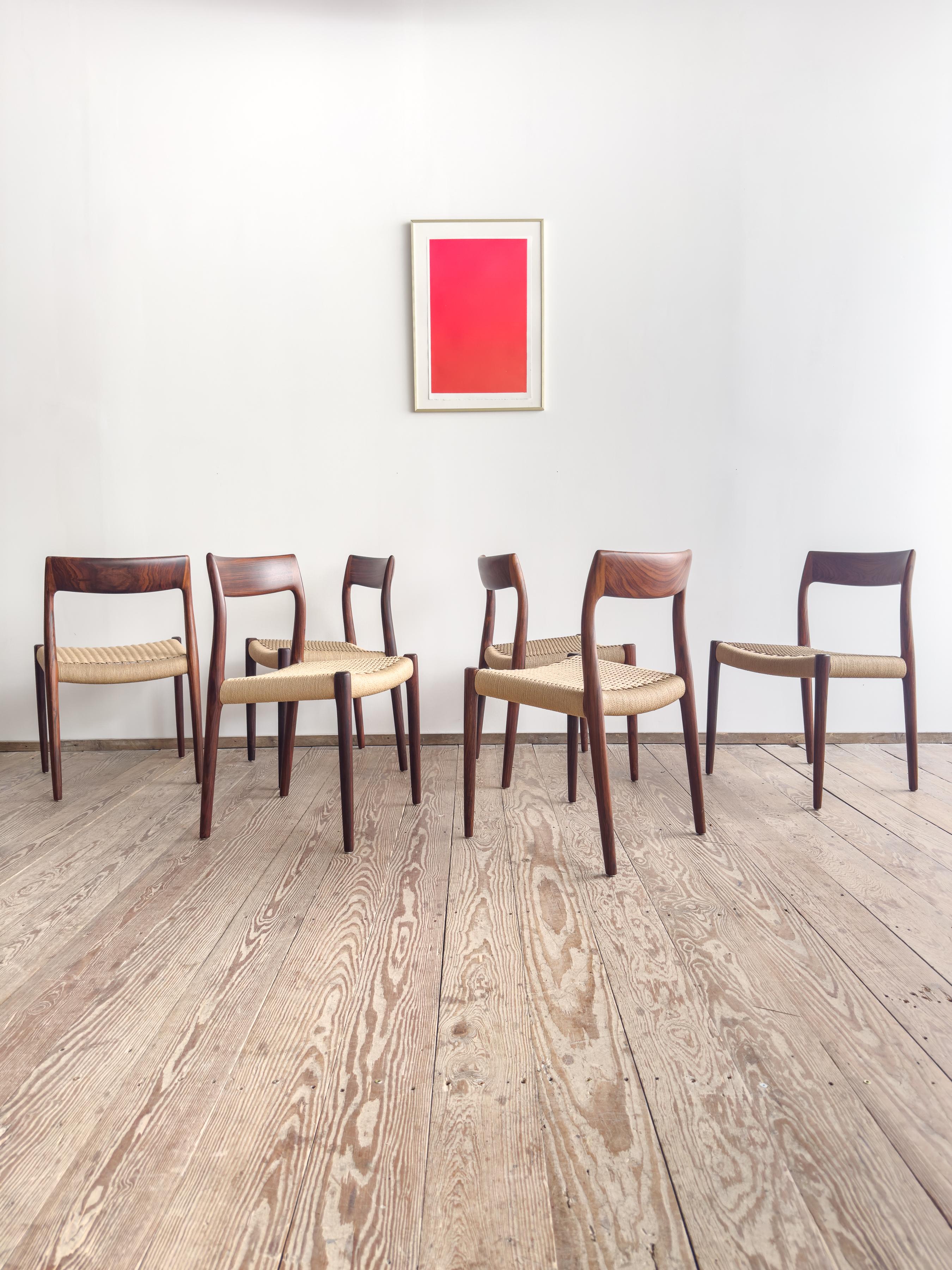 Dimensions: approx. 50 × 49 × 78 × 44 cm (19.7 × 19.3 × 30.7 × 17.3 in)
(Width × Depth × Height, Seat height)

Original set of six dining chairs designed by Niels O. Møller and produced by J.L. Møllers Møbelfabrik, Denmark. First introduced in the