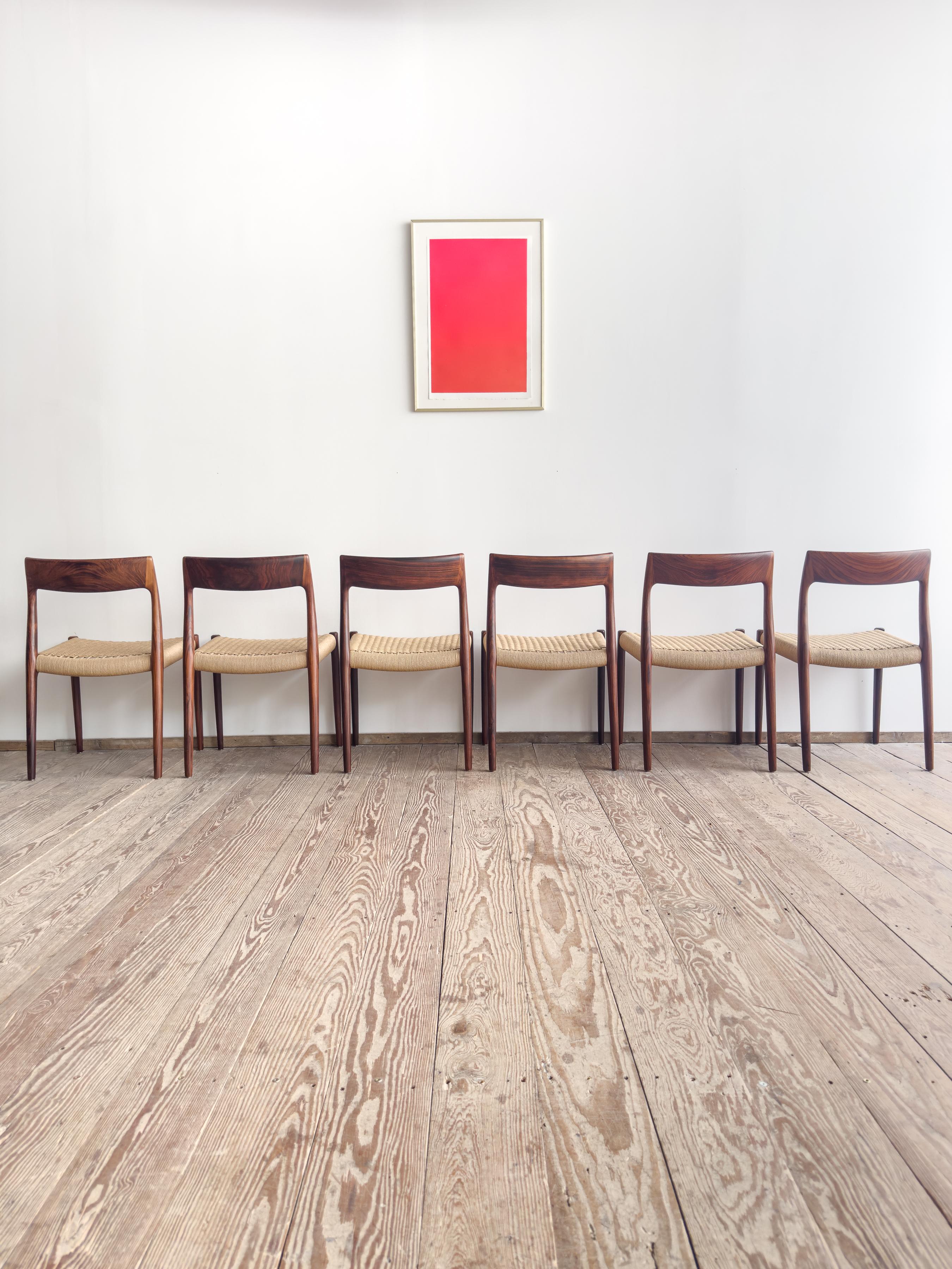 Hand-Carved Mid-Century Dining Chairs #77 by Niels O. Møller for J. L. Moller, Set of 6 For Sale