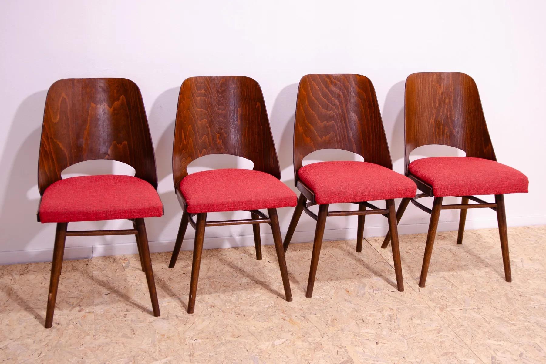 Un interesante modelo de sillas de comedor de madera curvada de mediados de siglo. Diseñado por Radomír Hofman para TON Bystřice pod Hostýnem (sucesor de Thonet en Checoslovaquia tras la II Guerra Mundial) . Se fabricaron en la antigua