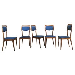 Mid Century Dining Chairs by Vittorio Dassi Wood Blue Fabric Italy 1950 Set of 5