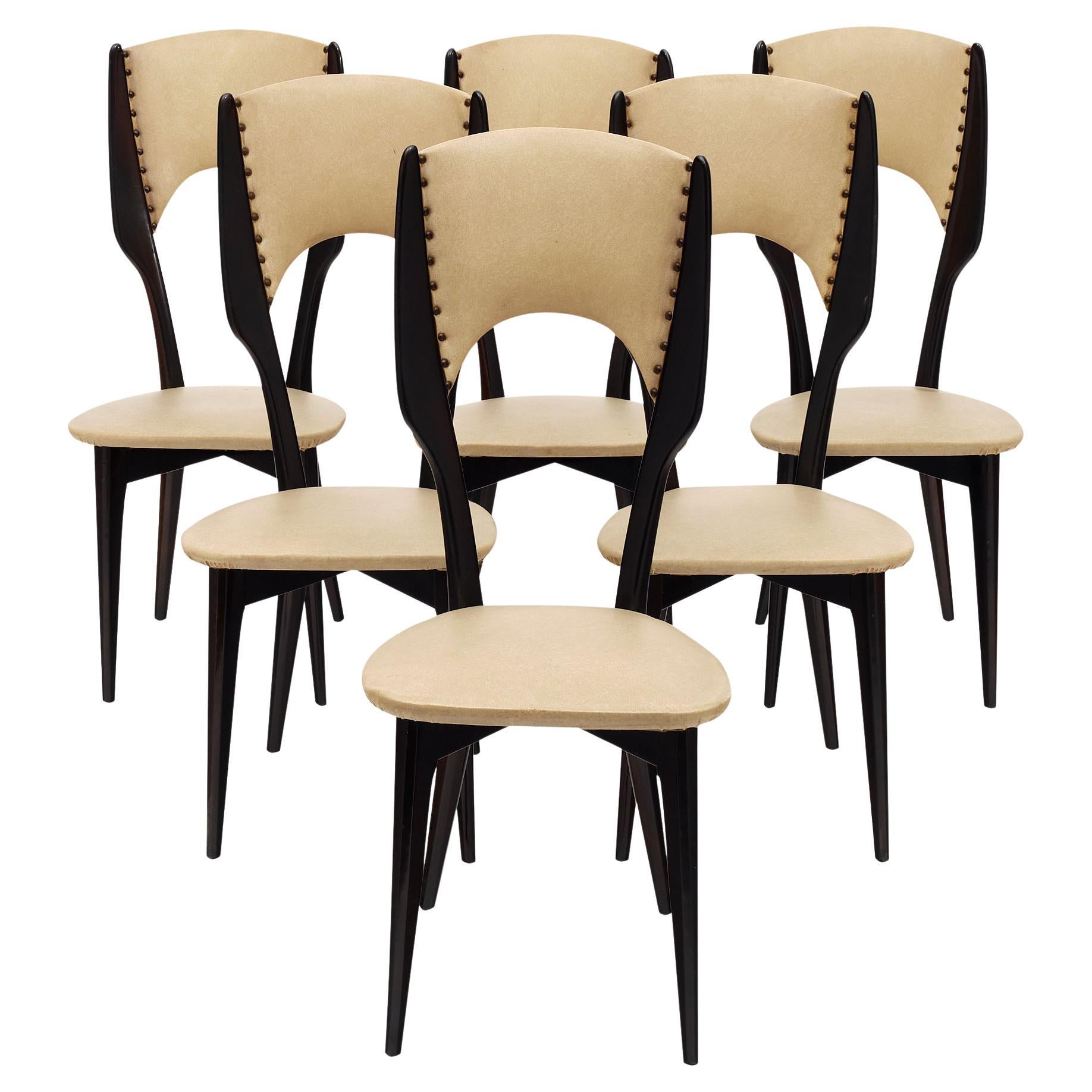 Set of Six Mid-Century Modern Dining Chairs, Ebonized Mahogany, Italy