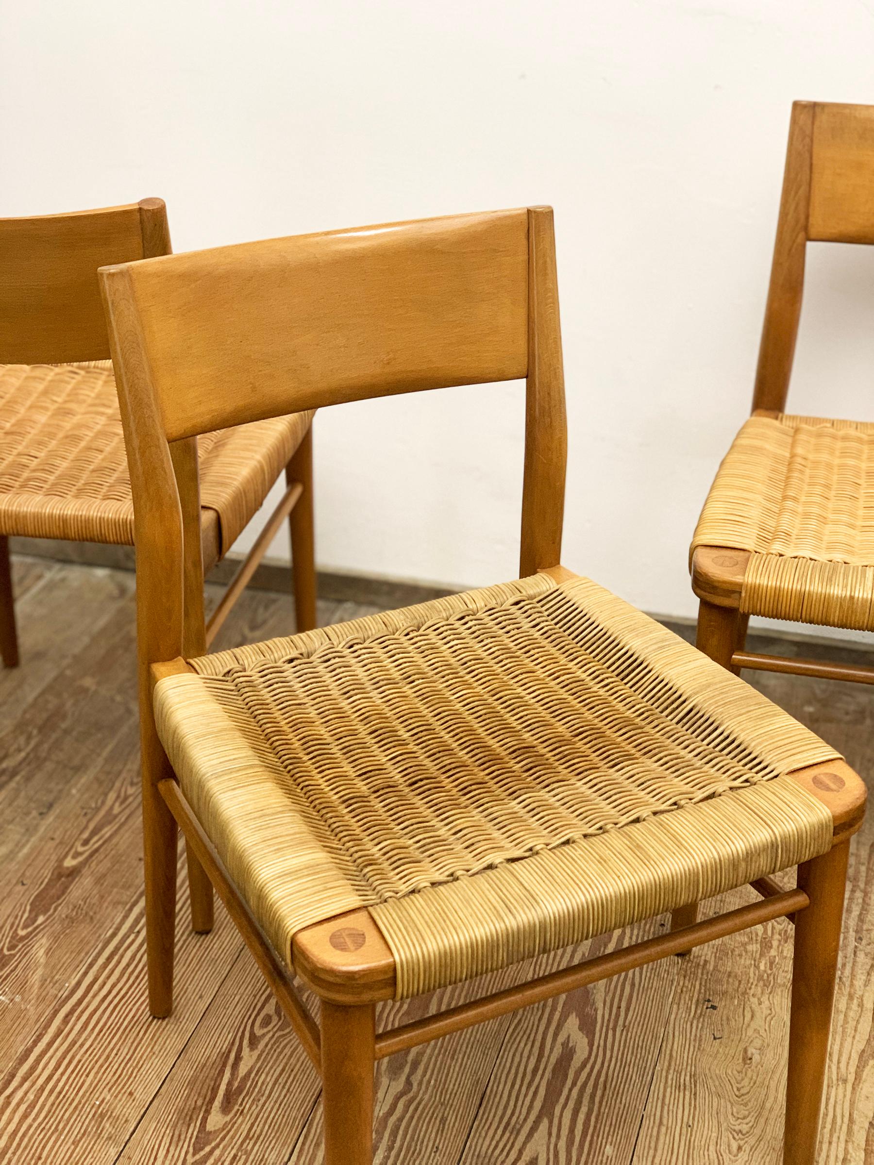 Mid-20th Century Mid-Century Dining Chairs in Cherry Wood and Rattan Mesh by Georg Leowald For Sale