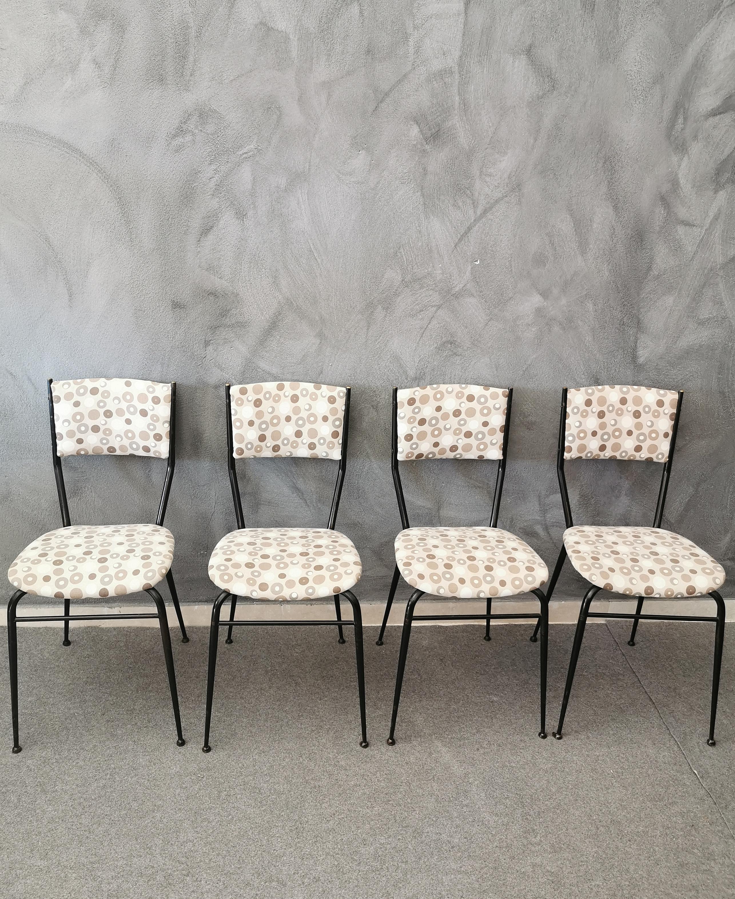 20th Century Mid Century Dining Room Chairs Fabric Black Lacquered Metal Italy 1960s Set of 4