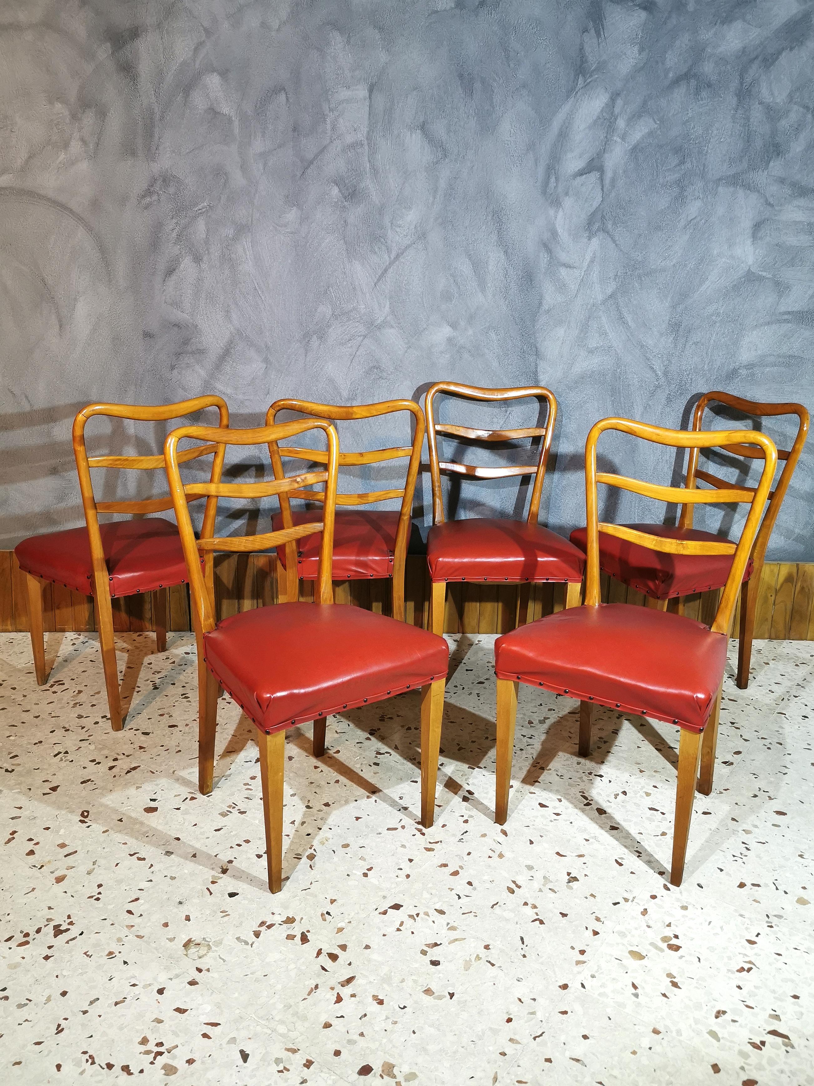 Mid-Century Dining Chairs in the Style of Paolo Buffa in Red Leather, Set of 6 4